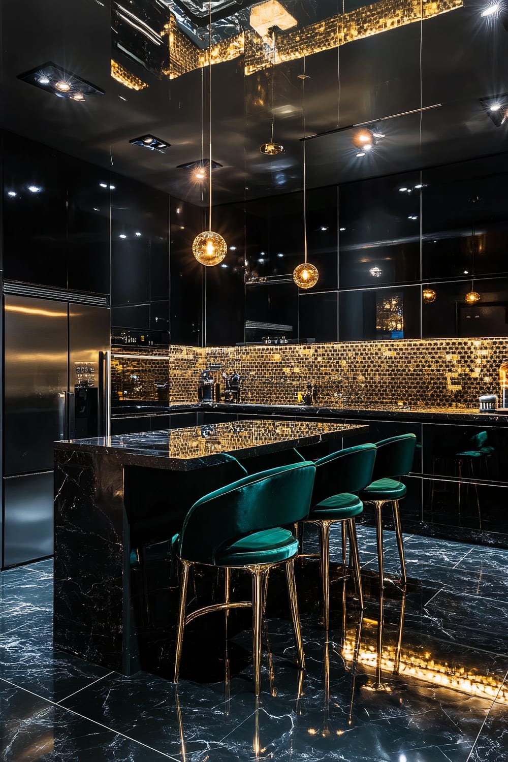 A contemporary kitchen featuring glossy black cabinets and countertops, a black marble kitchen island with green velvet bar stools that have gold legs. The backsplash has shimmering gold tiles, and the floor is made of polished black marble. Hanging from the ceiling are three spherical pendant lights that emit a warm, golden glow.