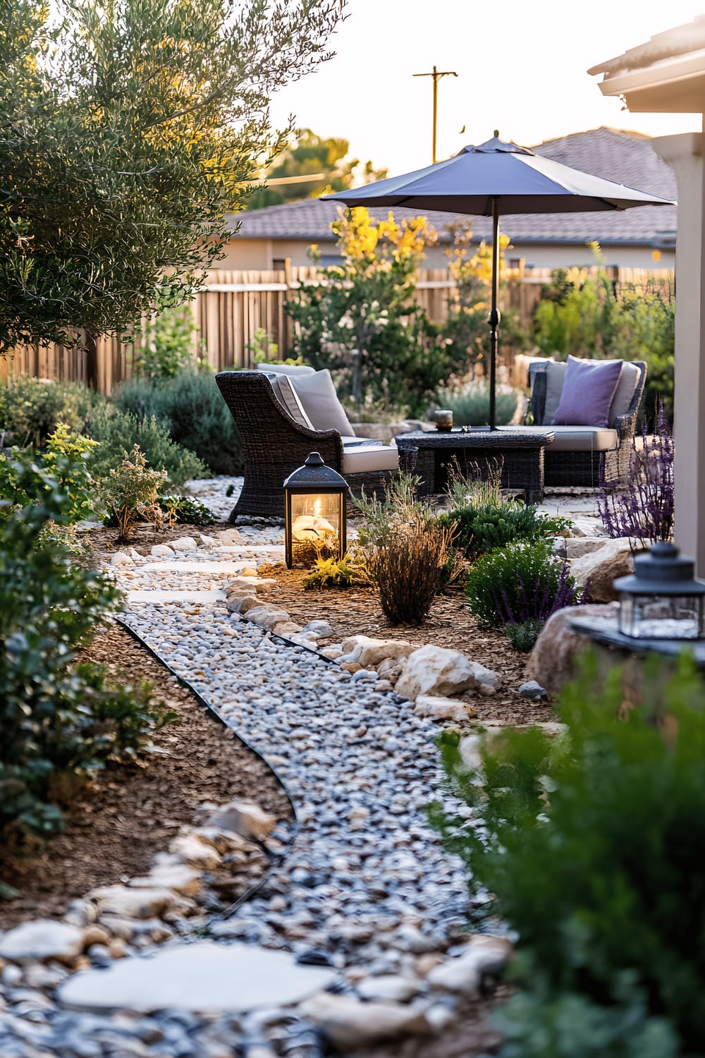 A sustainable backyard featuring a rainwater harvesting system surrounded by native plants and drought-resistant shrubs. A stone pathway leads towards a seating area furnished with recycled materials and illuminated by solar-powered lanterns. A small composting station is noticeable off to the side, and bird-friendly plants dot the landscape, enhancing the garden's eco-friendly appeal.