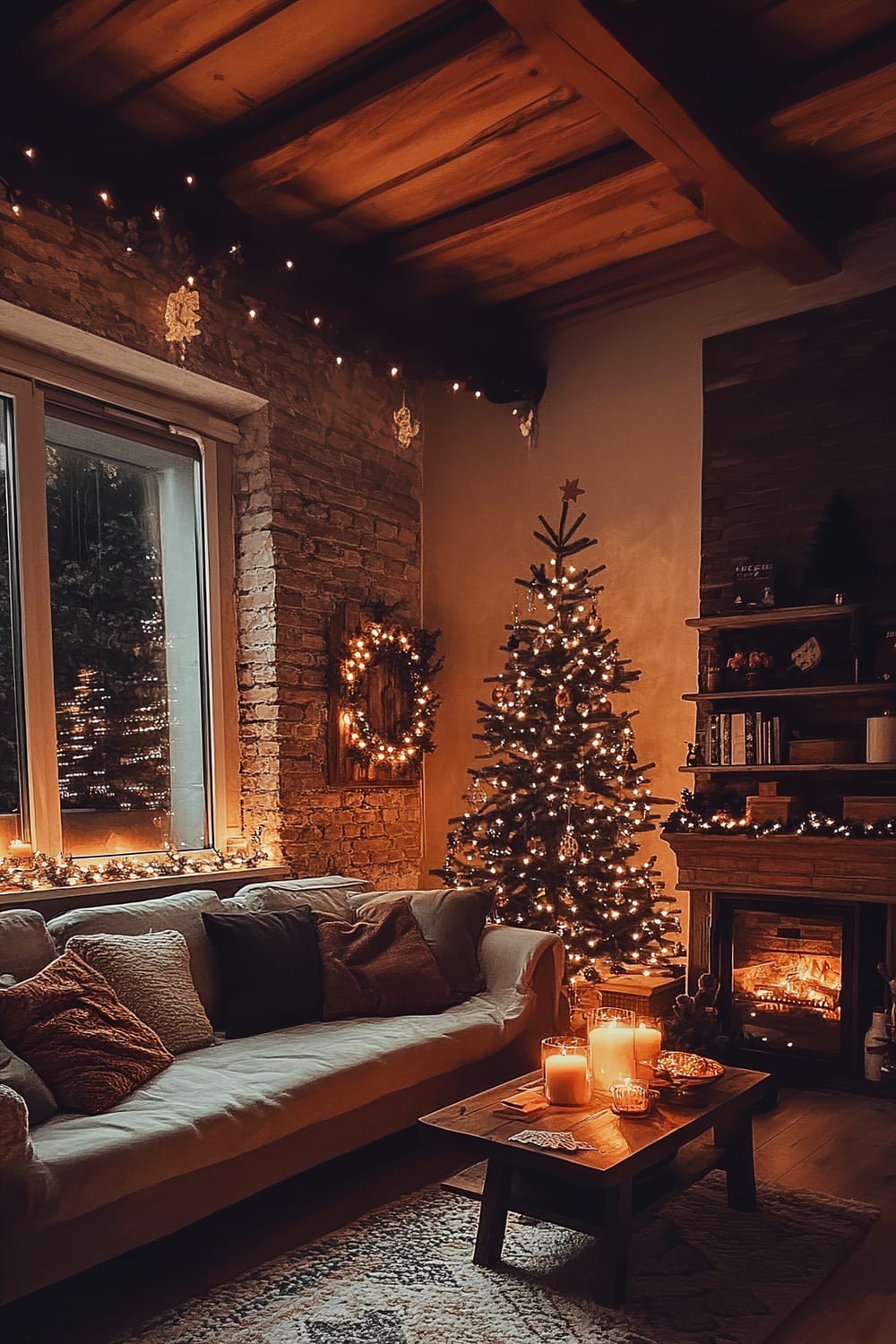 An warmly decorated living room exuding a festive Christmas ambiance. A plush sofa is adorned with multiple soft cushions in various textures and shades. A coffee table set with candles and ornaments lies in front of it. To the side, a large Christmas tree glows with twinkling fairy lights. The corner of the room features a lit fireplace, and the walls exhibit warm, earthy tones with an exposed brick section. A large window displays a view of an outdoor tree decorated with lights, and the interior is festooned with additional string lights and a wreath.