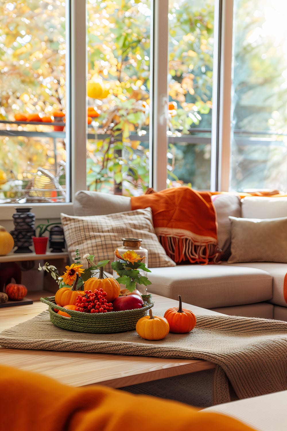 A cozy living room adorned with fall decorations. A large window showcases the colorful foliage outside. Inside, a light gray sectional sofa is accessorized with orange throw blankets and patterned cushions. A wooden coffee table is topped with a woven basket containing small pumpkins, red berries, sunflowers, and a glass jar. Muted earth tones and vibrant autumn decorations bring warmth to the room.