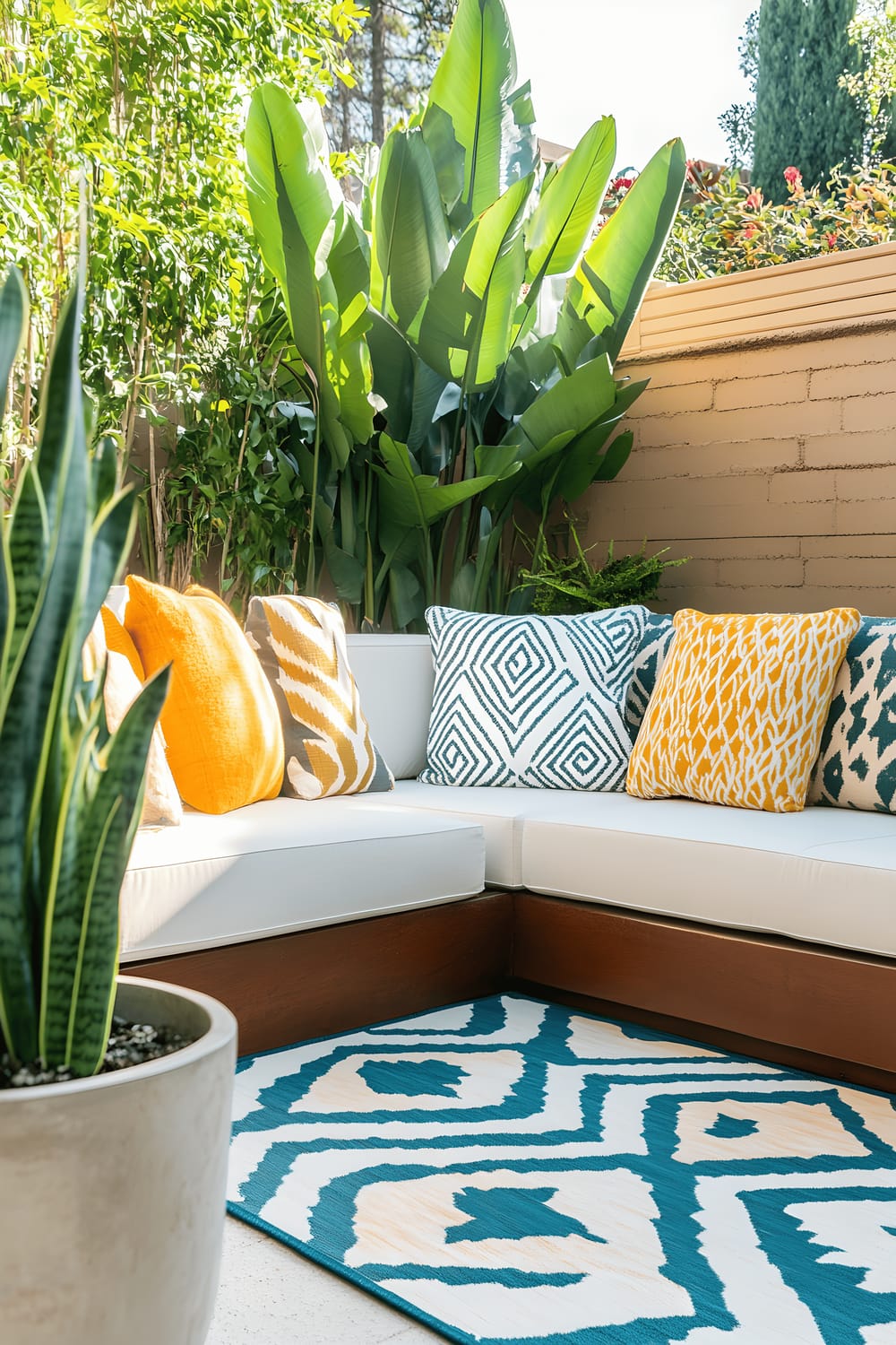 A modern patio seating area with a bold, geometric-patterned outdoor rug in teal, white, and mustard colors. A low, white sectional with plush cushions is arranged on the rug, and it's adorned with patterned throw pillows. A ceramic planter holding a snake plant is placed alongside for height, and a large, potted bird of paradise plant introduces a tropical vibe to the space.