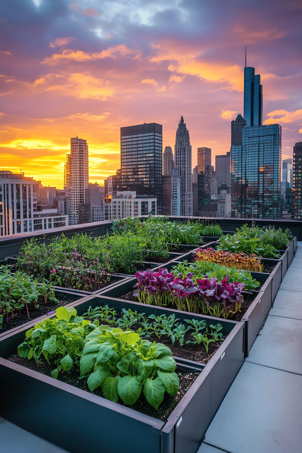 A thriving urban rooftop vegetable garden with neatly arranged raised beds growing vibrant Rainbow Chard, fragrant pots of Thai Basil, Purple Bell Peppers, and small containers of microgreens set against a stunning sunset reflecting on a city skyline.