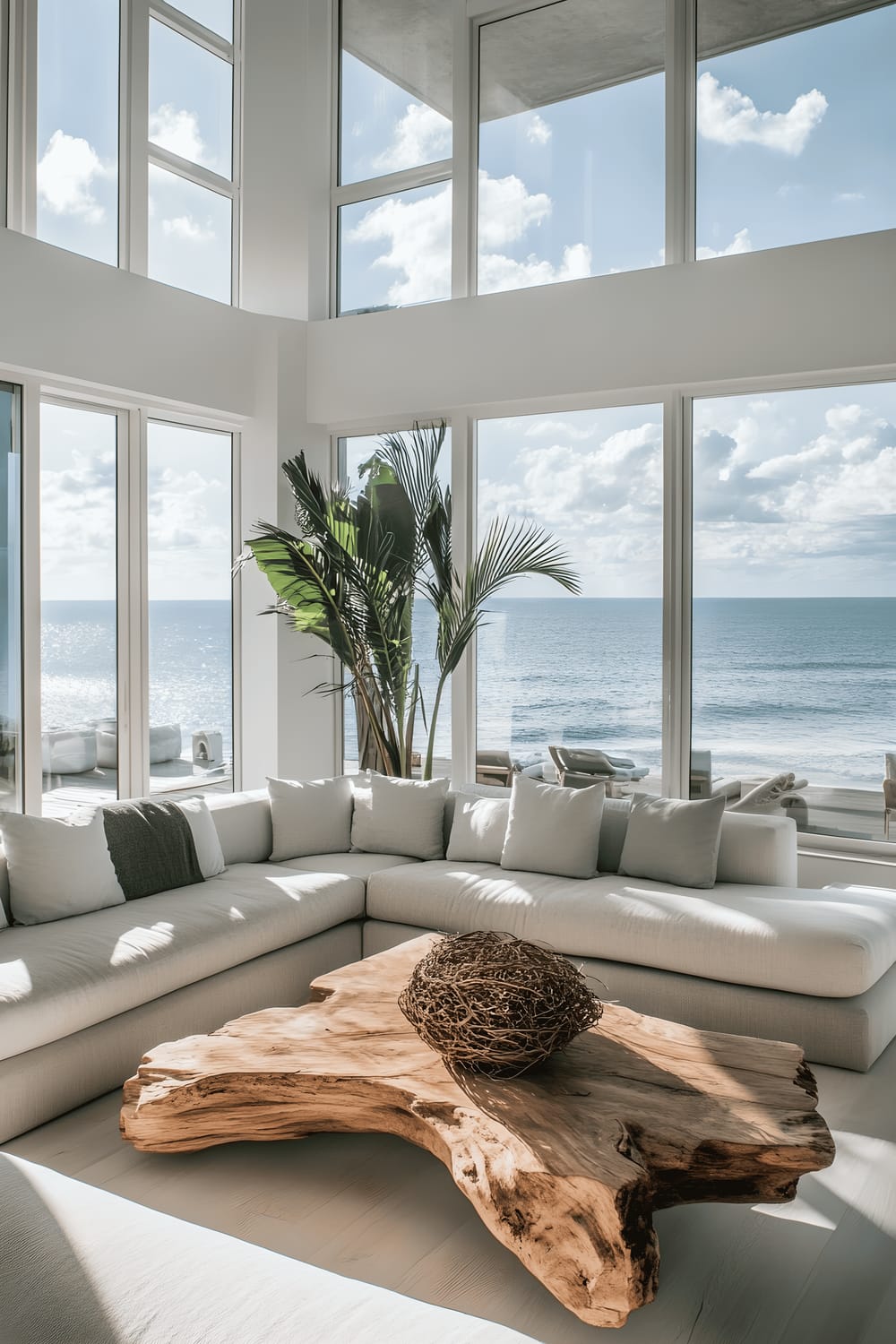 An open-plan living room area with expansive ocean views through large windows. The room is decorated with a light gray sectional sofa and a driftwood coffee table. A Bird's Nest Fern plant adorns the room, adding a touch of green. The space is flooded with natural sunlight reflecting off the ocean.