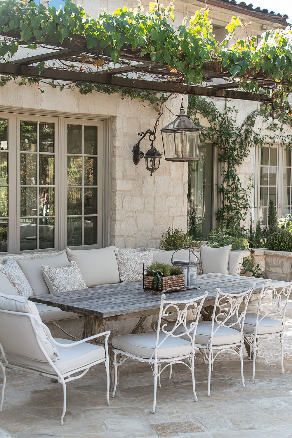 A charming rustic patio area with a long wooden table surrounded by white cushioned chairs and a built-in bench with pillows. An overhead pergola with green vines provides partial shade. There are stone walls with tall windows and two antique-style hanging lanterns.