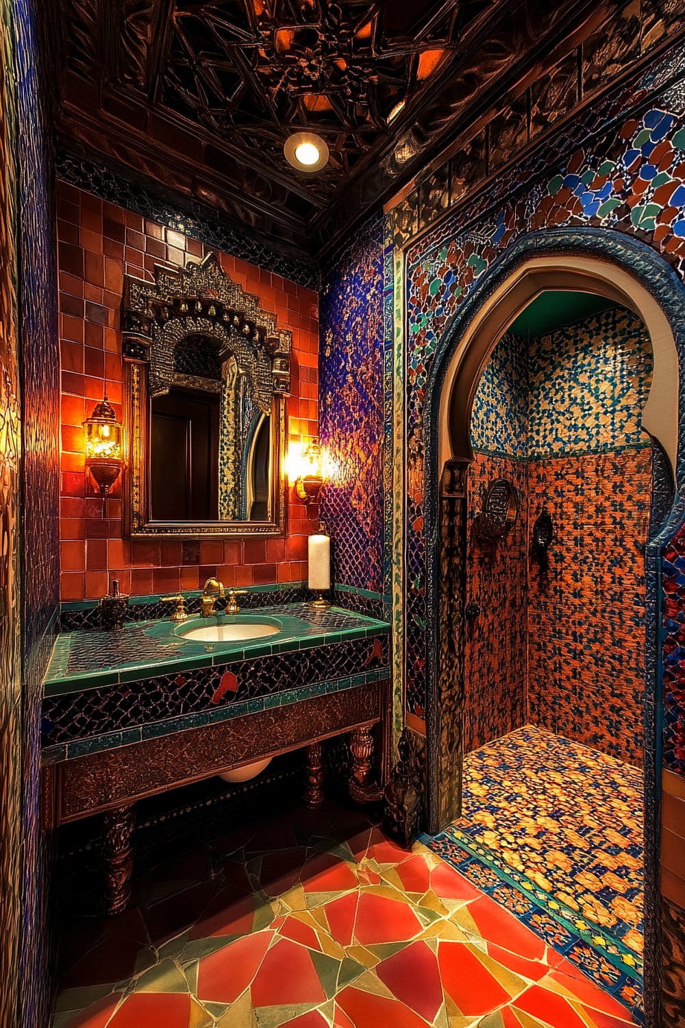 An ornate bathroom featuring intricate Moorish design elements. The walls are adorned with vibrant tiles in hues of blue, orange, and red, forming complex geometric and floral patterns. The sink is set into an elaborately carved wooden vanity with a green tiled surface. Above the sink is a mirror with a detailed Moorish frame, flanked by two glowing wall sconces. To the side, an arched entryway leads to a richly tiled shower area.