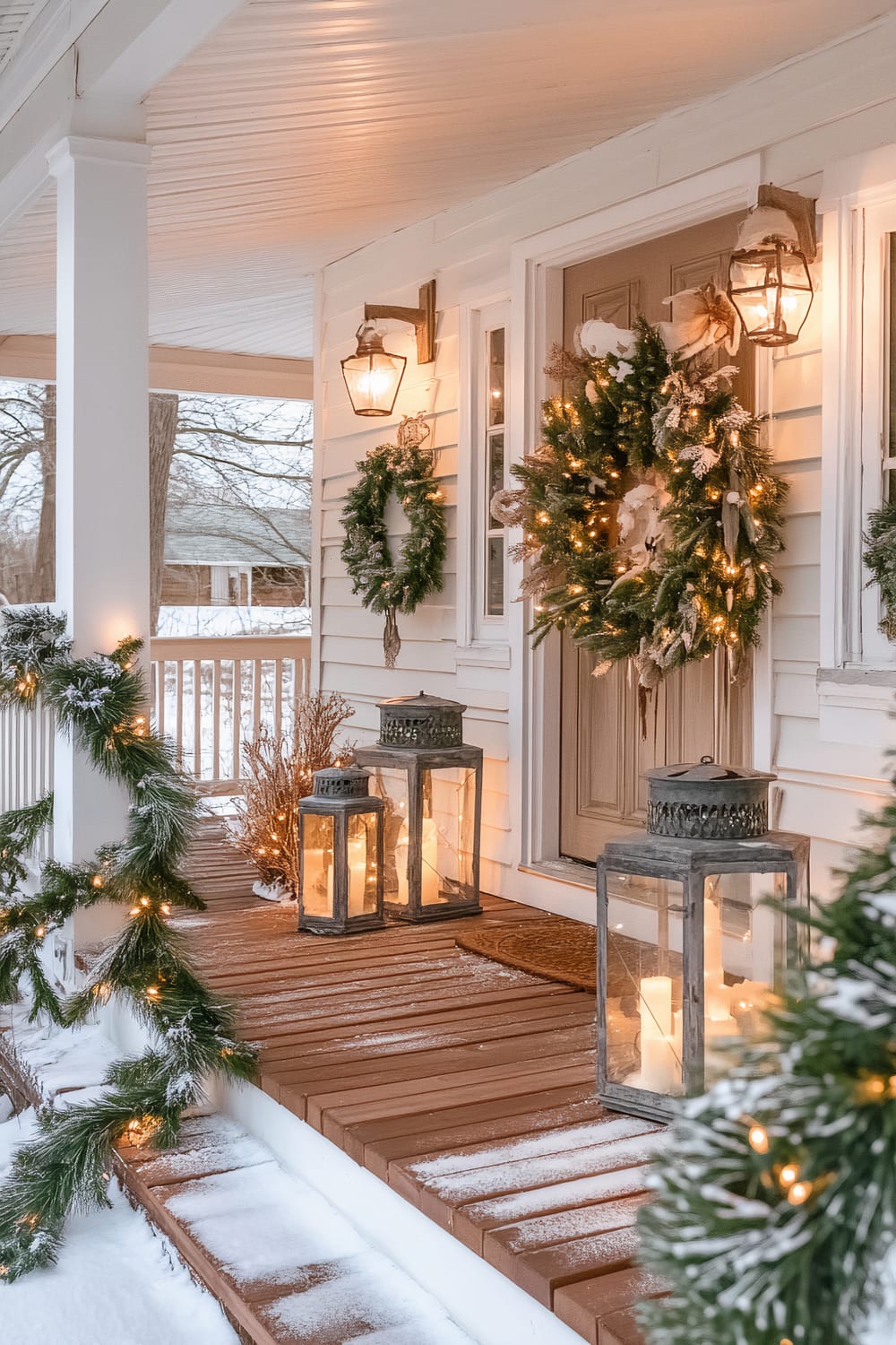 A winter porch decorated for the holidays, featuring a wooden deck dusted with snow, adorned with a large, illuminated wreath on the front door. Two smaller wreaths hang on the sides and lanterns with glowing candles line the steps. The porch railing is draped with greenery and fairy lights.