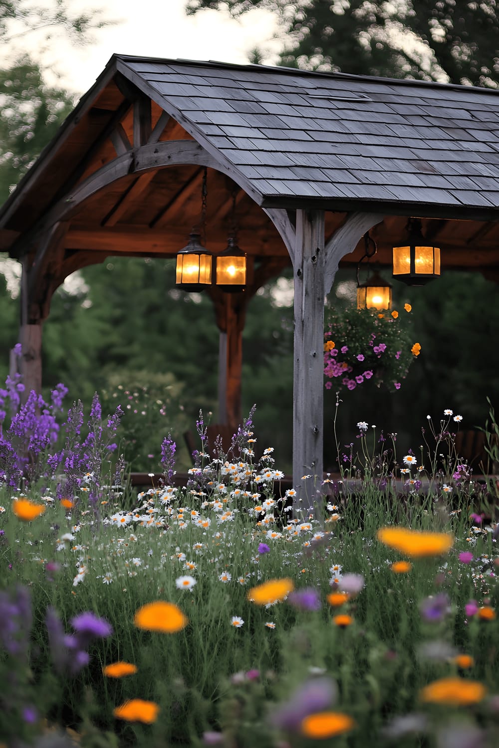 A rustic wooden gazebo with warm cedar beams is situated in the middle of a vast wildflower meadow. Daisies, poppies, and lavender surround it, creating a vibrant tapestry of colors. Hanging lanterns adorn the gazebo, adding a touch of enchanting light to the scene.