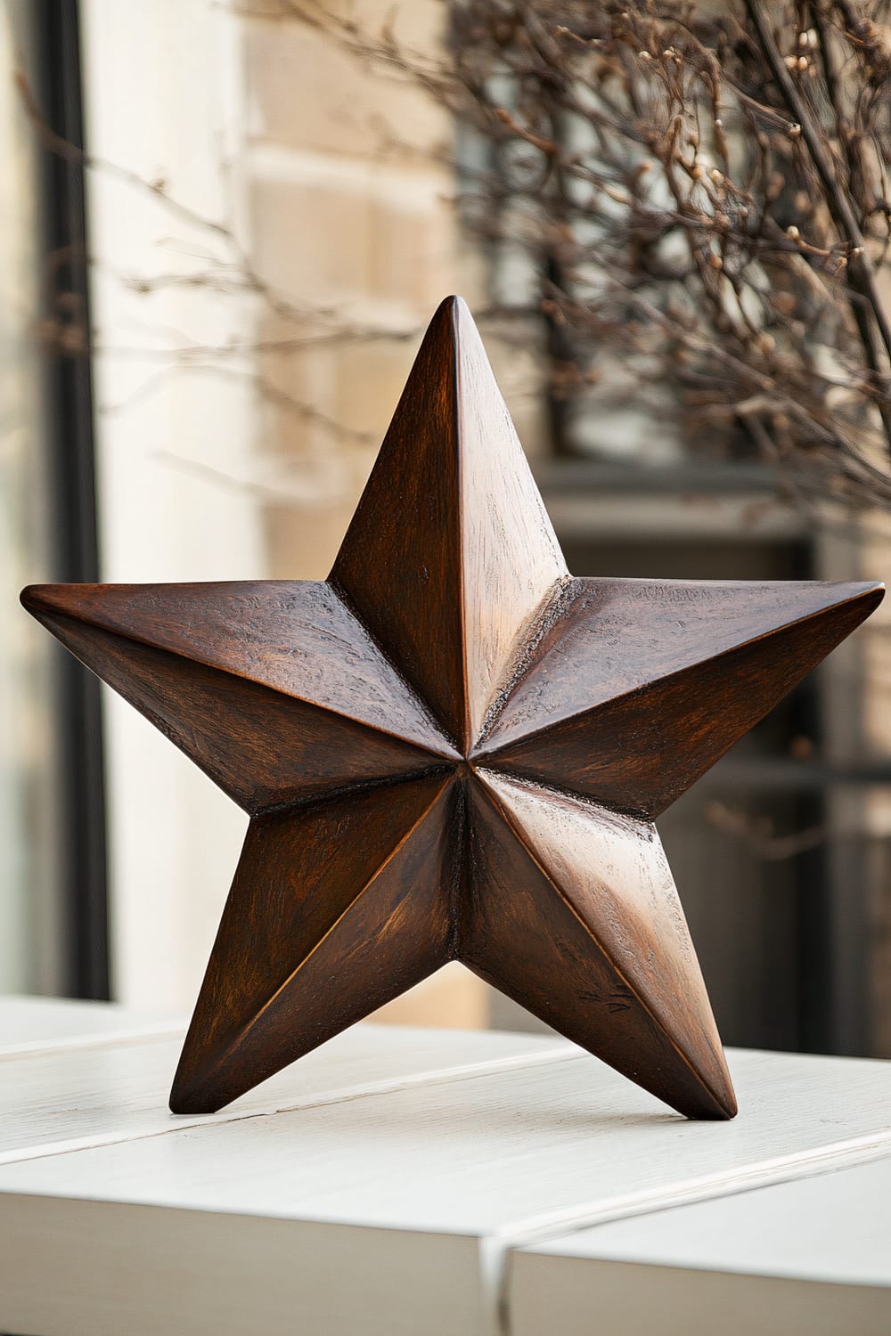 A large, hand-carved wooden star with a deep mahogany finish serves as a centerpiece on a minimalist porch table. The star's intricate carvings are highlighted by spotlighting, creating contrast against a light beige background. In the blurred background, window panes and leafless branches are visible.