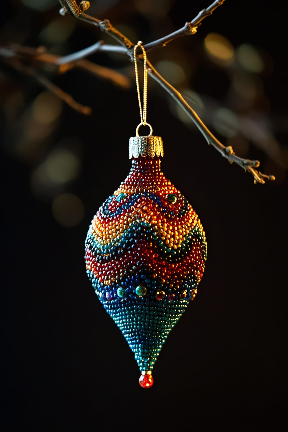 An intricately beaded, teardrop-shaped Christmas ornament hanging from a slender branch. The ornament features a vibrant pattern of red, blue, gold, and green beads. The background is dark with soft, highlighted bokeh effects, drawing attention to the detailed ornament.