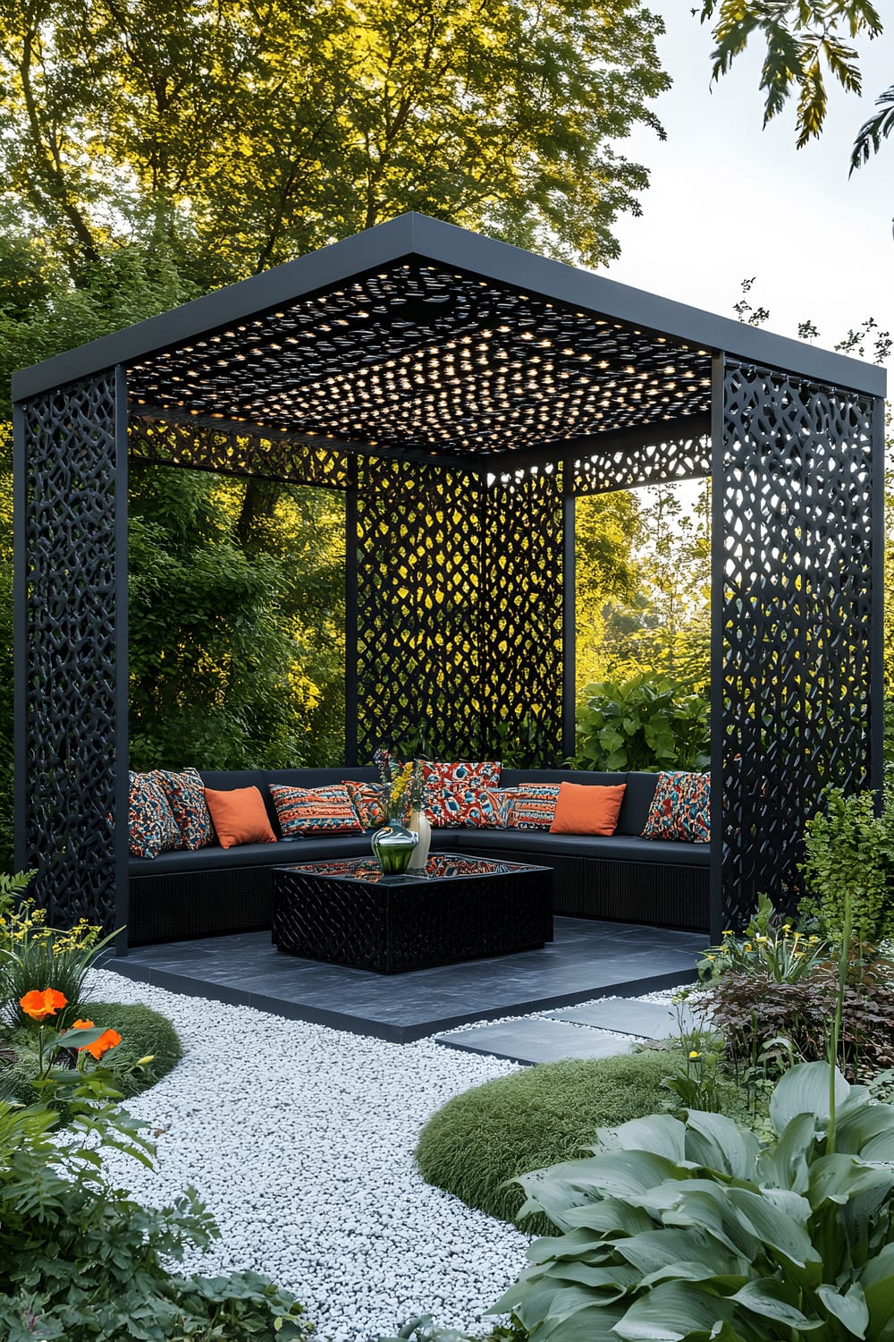 A modern garden featuring a minimalist black metal gazebo with intricate geometric patterns. The gazebo houses a seating arrangement which includes a black outdoor sectional sofa adorned with vibrant, patterned throw blankets, and a streamlined black coffee table decorated with petite vases. The garden, flushed with a lush greenery, is landscaped with gravel pathways. The scene is subtly lit with ambient lighting from integrated LED strips, presenting an alluring interplay of sharp lines and contrasting colors.