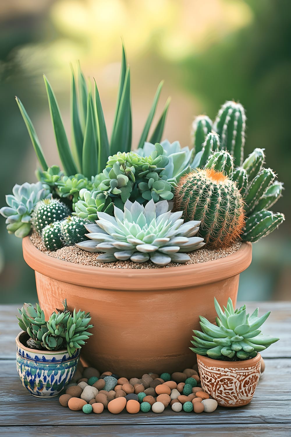 A vibrant Southwestern-inspired centerpiece on a distressed wooden table, featuring a large rustic clay pot filled with various cacti and succulents of different sizes and shapes. The pot is surrounded by decorative sand, small wooden rocks, and terra cotta beads. A few small, colorful ceramic pots containing succulents offer a stark contrast to the neutral tones. A neutral-toned runner lines the table, and bright, natural lighting serves to highlight the diverse textures and intense green hues of the plants.