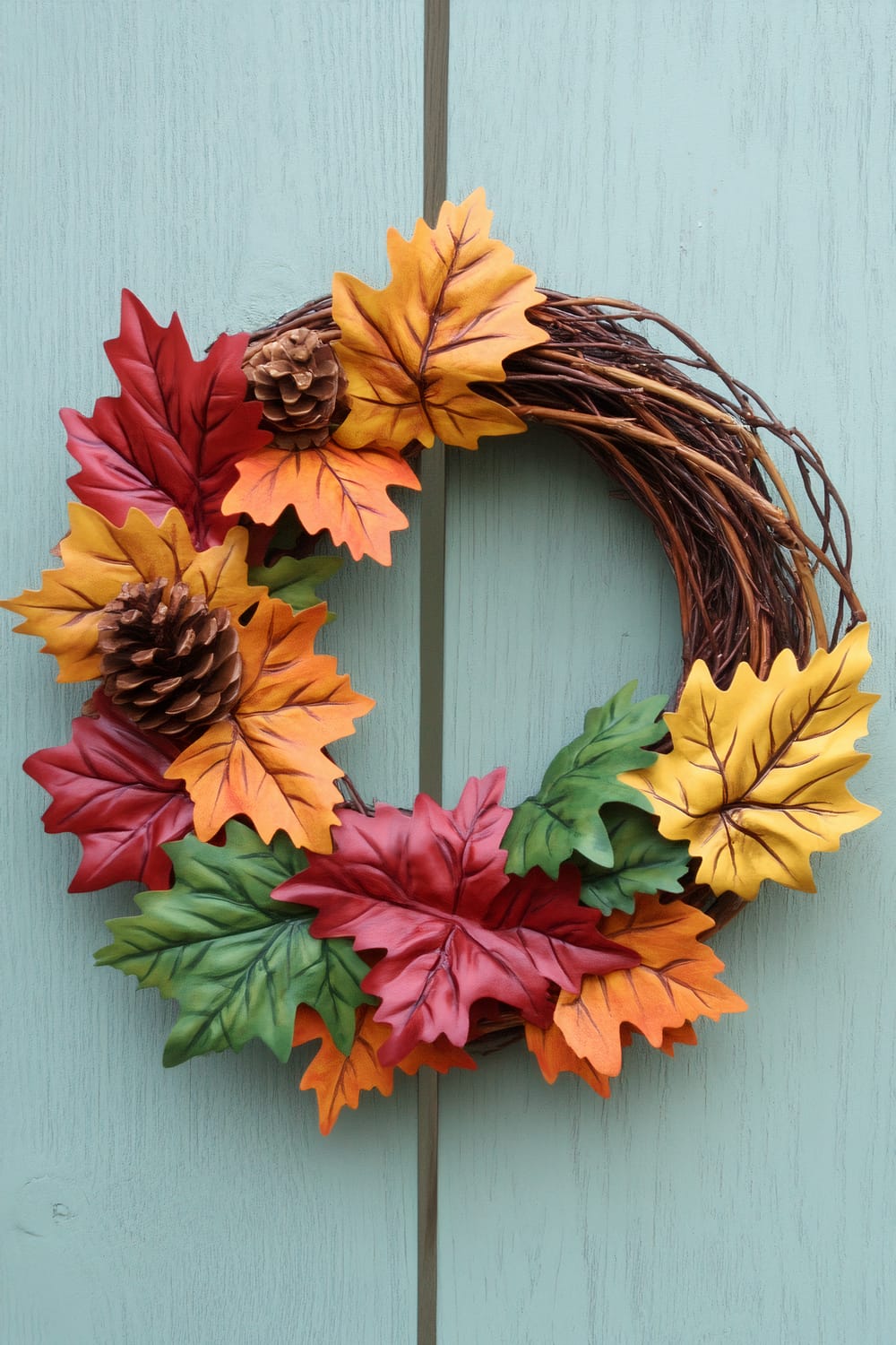 A rustic autumn wreath hangs against a pastel light blue background. The wreath is made of intertwined, bare branches and adorned with artificial leaves in vibrant fall colors: red, orange, yellow, and green. Two pinecones are strategically placed among the leaves, adding texture and an element of nature.