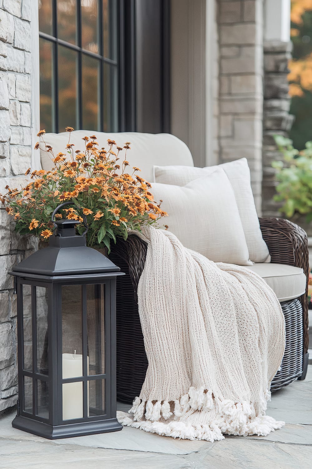 An outdoor seating area features a cushioned wicker chair with light beige pillows and a beige knitted throw blanket draped over the armrest. A black lantern with a candle inside sits next to the chair, and a pot of yellow-orange flowers is placed behind the lantern. The setting is next to a stone wall with large windows in the background.