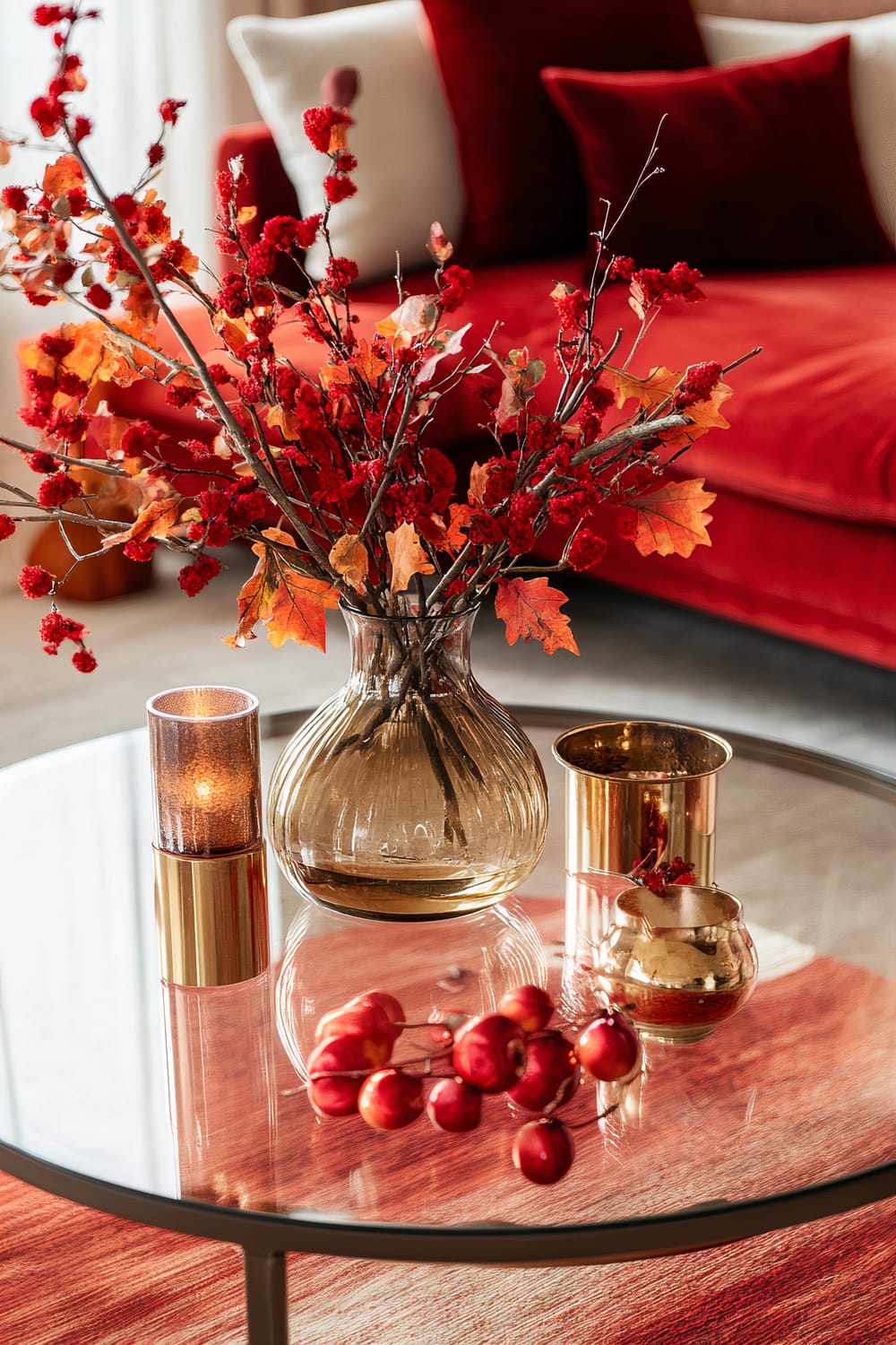 A glass-top coffee table adorned with a fall-themed arrangement. The centerpiece includes a glass vase filled with red and orange foliage, giving a vibrant contrast to gold metallic accents including candles and a small bowl. The background features a red sofa with red and white cushions.