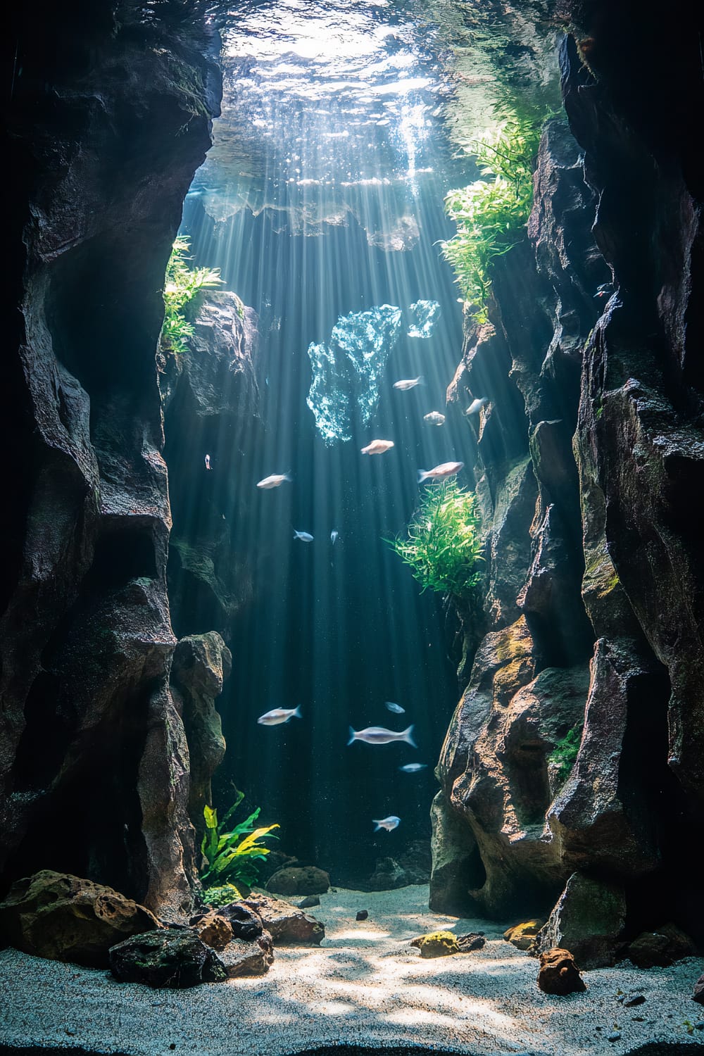 A fish tank with tall rock formations creating a narrow, vertical passage. Bright beams of light penetrate the water from above, highlighting the various small caves and crevices in the rocks. Several small fish swim around in the tank, and patches of green plants are attached to the rocks. The tank's floor is covered with light-colored gravel.