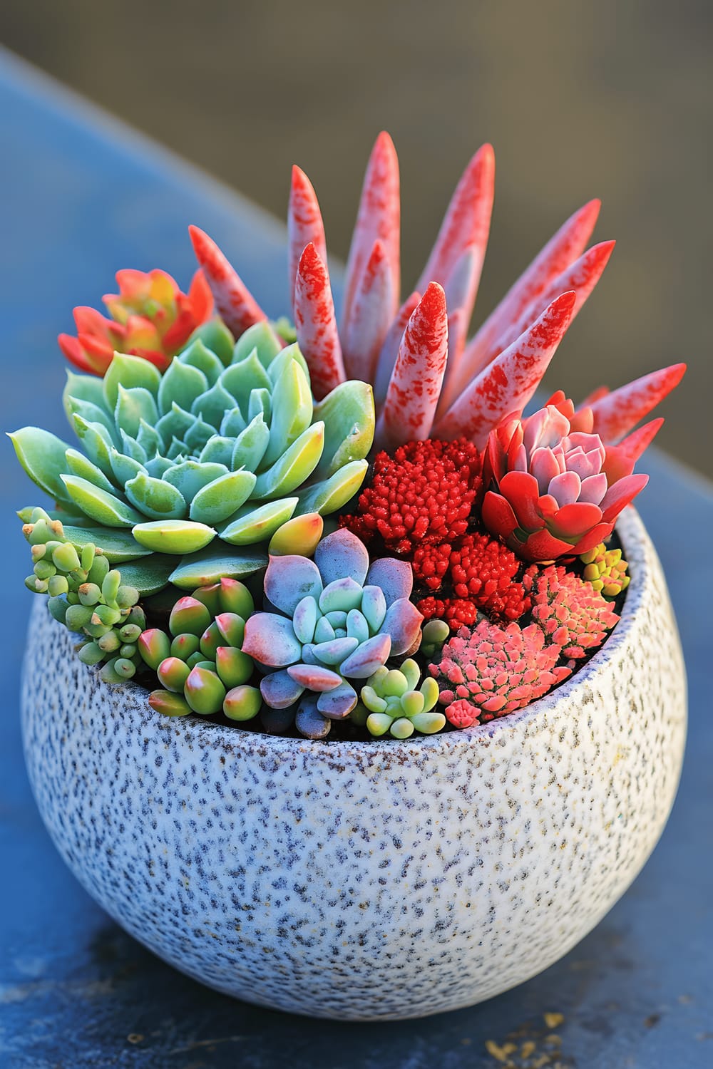 A modern succulent arrangement in a ceramic pot featuring a variety of succulents in different shades of green, complemented by a red moon cactus standing out against the rest.