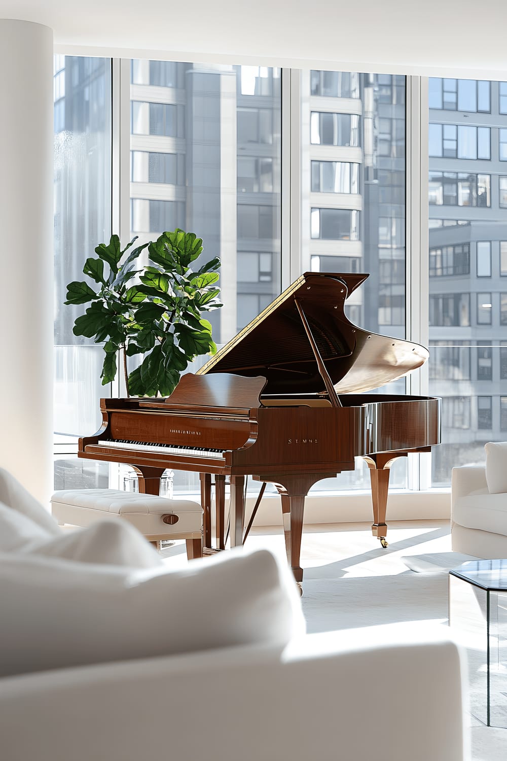 A bright minimalist living room in an urban apartment setting, characterized by a magnificent Steinway grand piano with a stunning mahogany finish that takes center stage. A clean white couch and a simple glass side table sit neatly adjacent to the piano. A graceful Maidenhair Fern decorates the piano, softening the ambiance of the room. Natural sunlight streams in through the tall floor-to-ceiling windows, accentuating the sleek lines and the majestic presence of the piano in the neat arrangement of the living room.