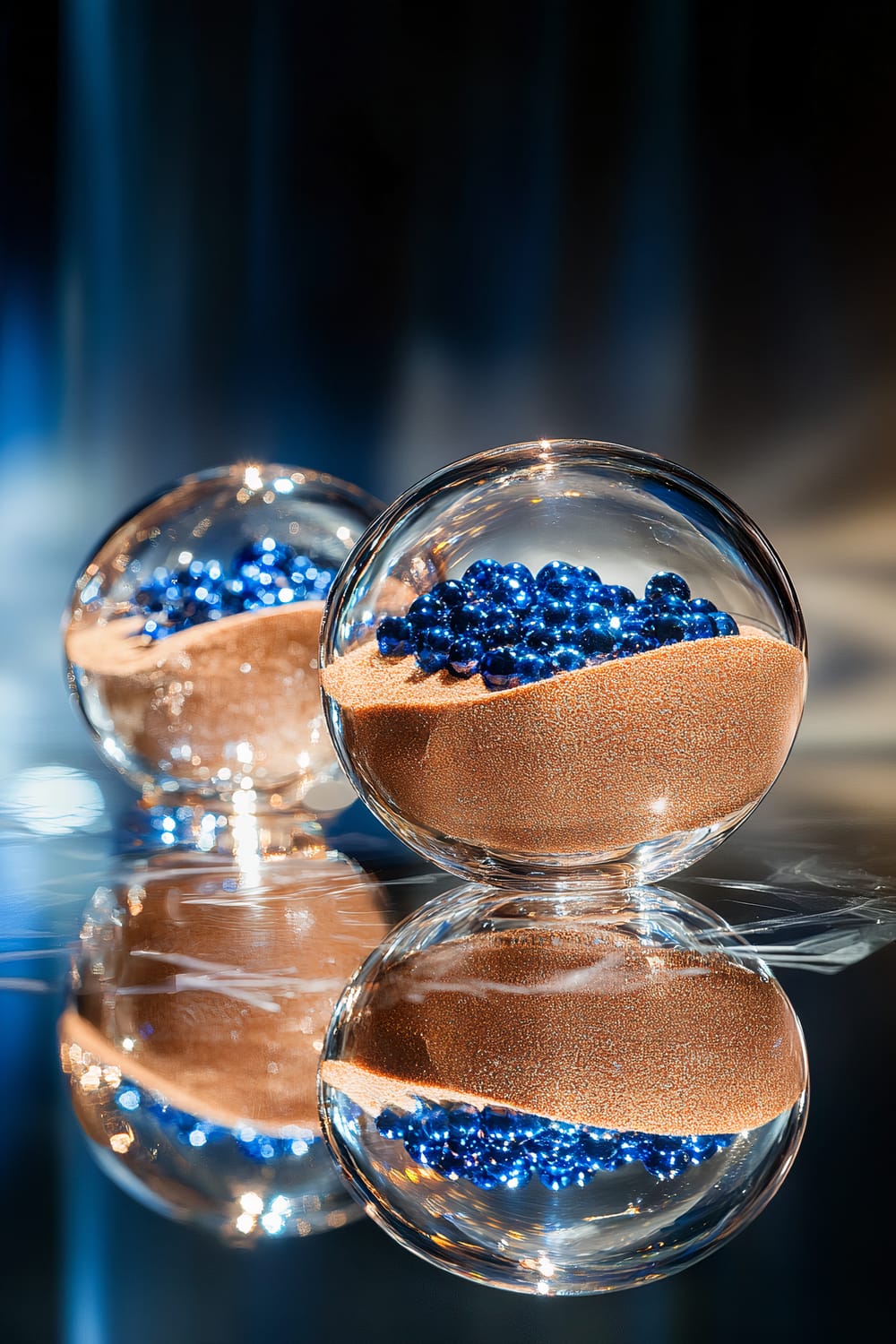 Transparent glass orbs filled with ochre-colored sand and sapphire blue beads are arranged on a reflective surface with focused lighting. The arrangement creates a mesmerizing and colorful centerpiece with reflections visible in the surface below.