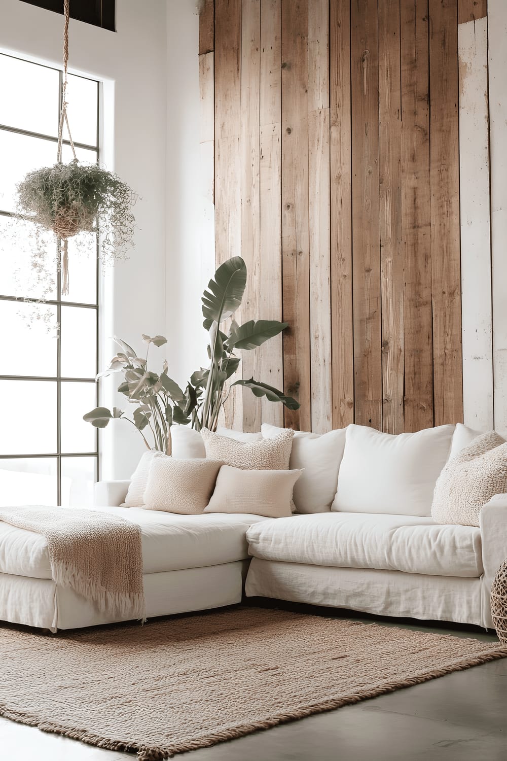 A serene minimalist living room where natural light streaming through tall windows illuminates a reclaimed wood accent wall, a slipcovered sofa in natural hues, a cozy wool rug, and a hanging spider plant.