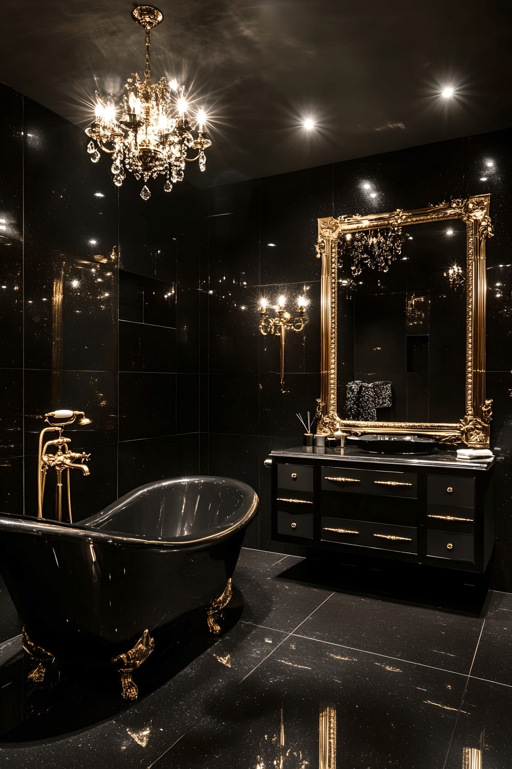 A luxurious and spacious bathroom featuring glossy black tiles and a gold-framed mirror against one wall. Beneath the mirror, there's a sleek black vanity with gold hardware. The centerpiece of the room is a freestanding black marble bathtub which is indirectly lit by the glowing chandeliers above, casting a glamourous ambiance around the room. The decor is minimalistic but is punctuated by subtle gold accents throughout.