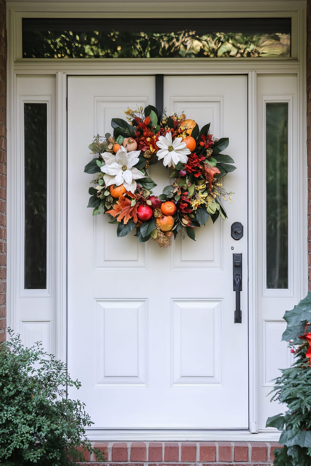 A white front door adorned with a vibrant autumnal wreath. The wreath features a mix of greenery and fall elements such as dark green leaves, white flowers, orange and red berries, as well as fruit including apples and oranges. Small side windows flank the door, and there is a brick exterior surrounding the entryway.