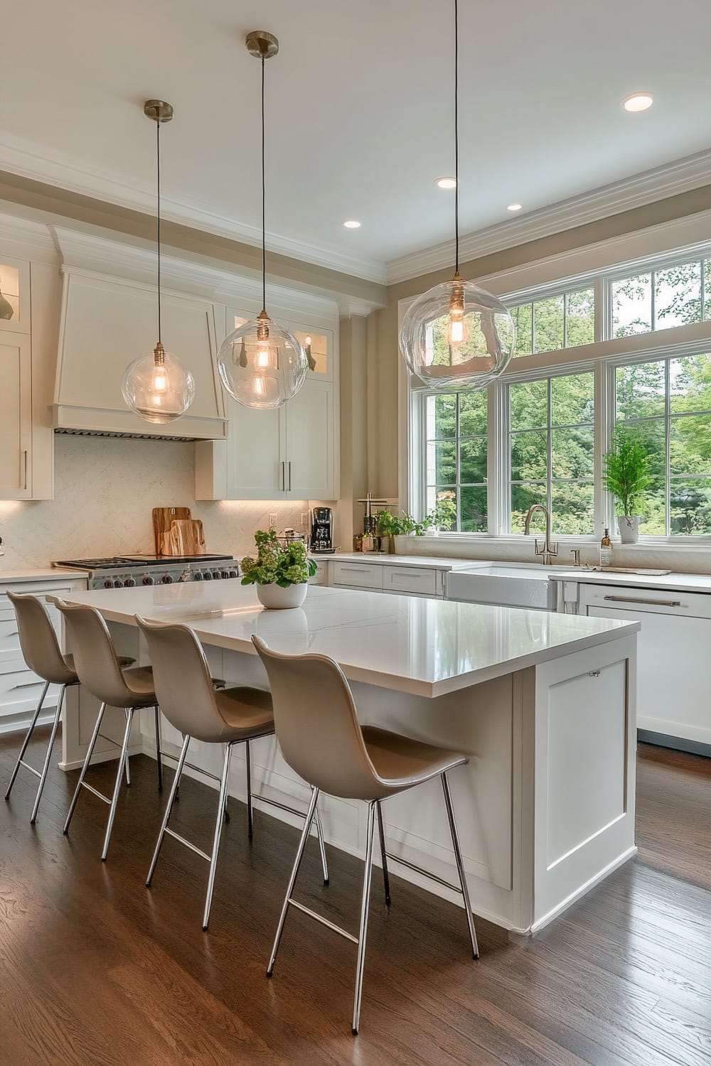 A modern kitchen features a large central island with a pristine white countertop. Four sleek, taupe-colored bar stools with chrome legs stand along one side of the island. Three hanging glass pendant lights with exposed bulbs provide soft illumination above. The backdrop includes white cabinetry, a built-in oven, and a wide window with views of lush greenery outside. Potted plants add a touch of freshness to the counter space, enhancing the clean and airy ambiance.