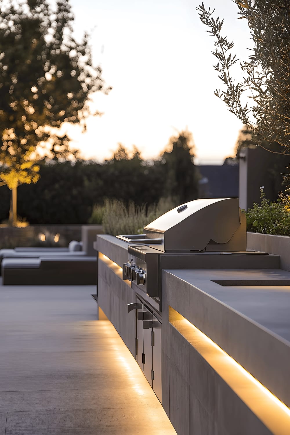 A modern outdoor grill station featuring a sleek stainless steel barbecue set within minimalist concrete countertops. The area also highlights a row of built-in herb planters and under-counter ambient LED strip lighting, creating an ultra-clean and sophisticated ambiance for backyard BBQs.