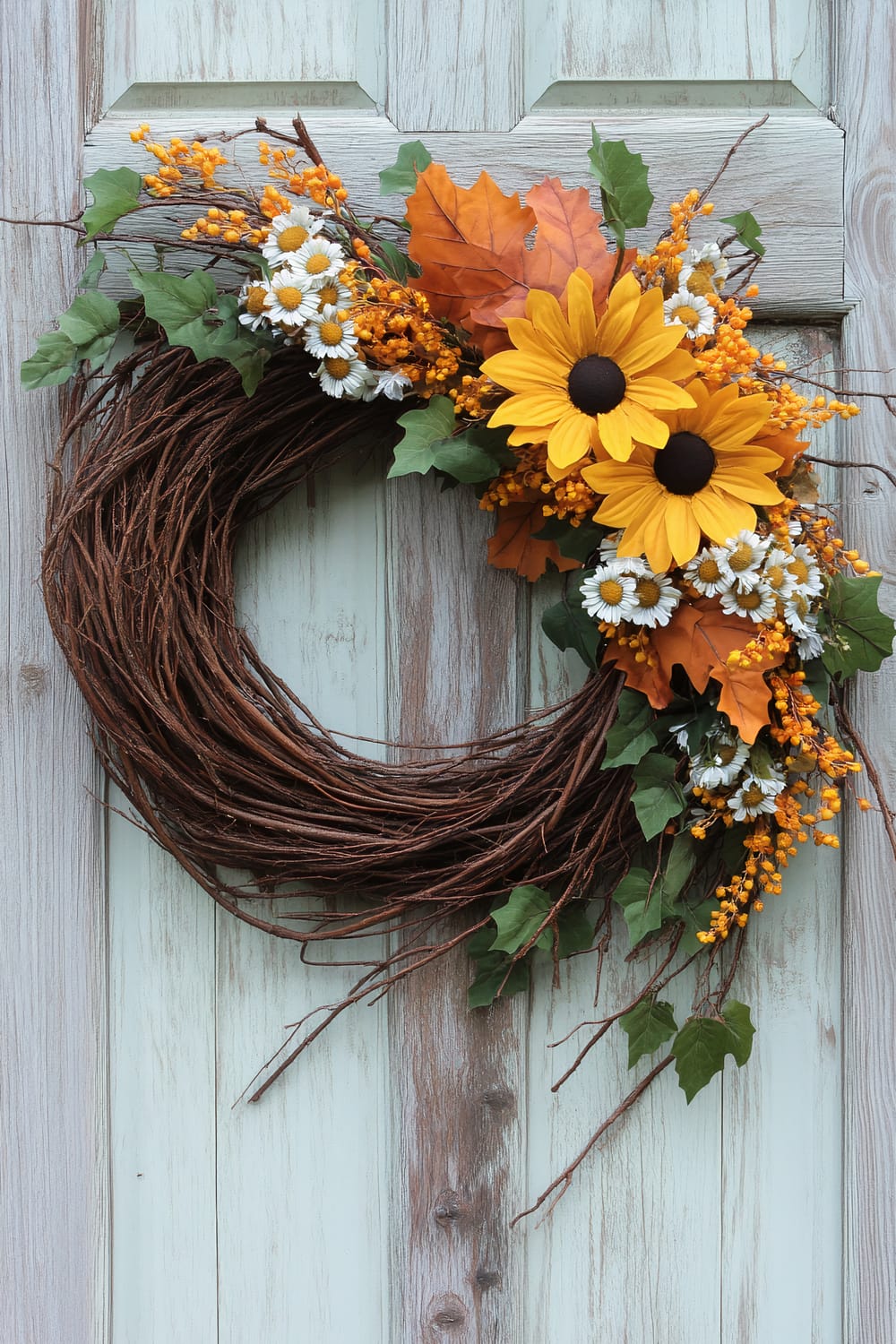 A rustic wreath made of interwoven brown twigs, adorned with vibrant yellow sunflowers, clusters of small white daisies, orange berries, and green ivy leaves, hangs on a weathered light blue wooden door.