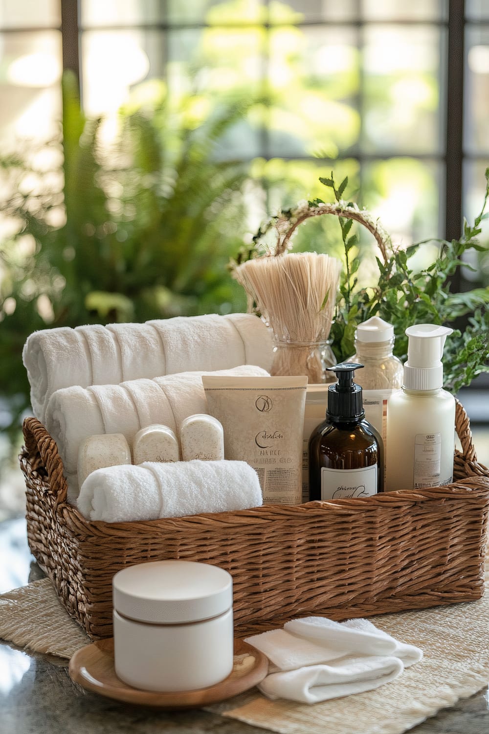 A wicker basket filled with neatly rolled white towels and various bath and body products, including lotions, soaps, and a cream jar set on a wooden plate. The basket is placed on a textured beige placemat on a countertop, and lush green plants are in the background.