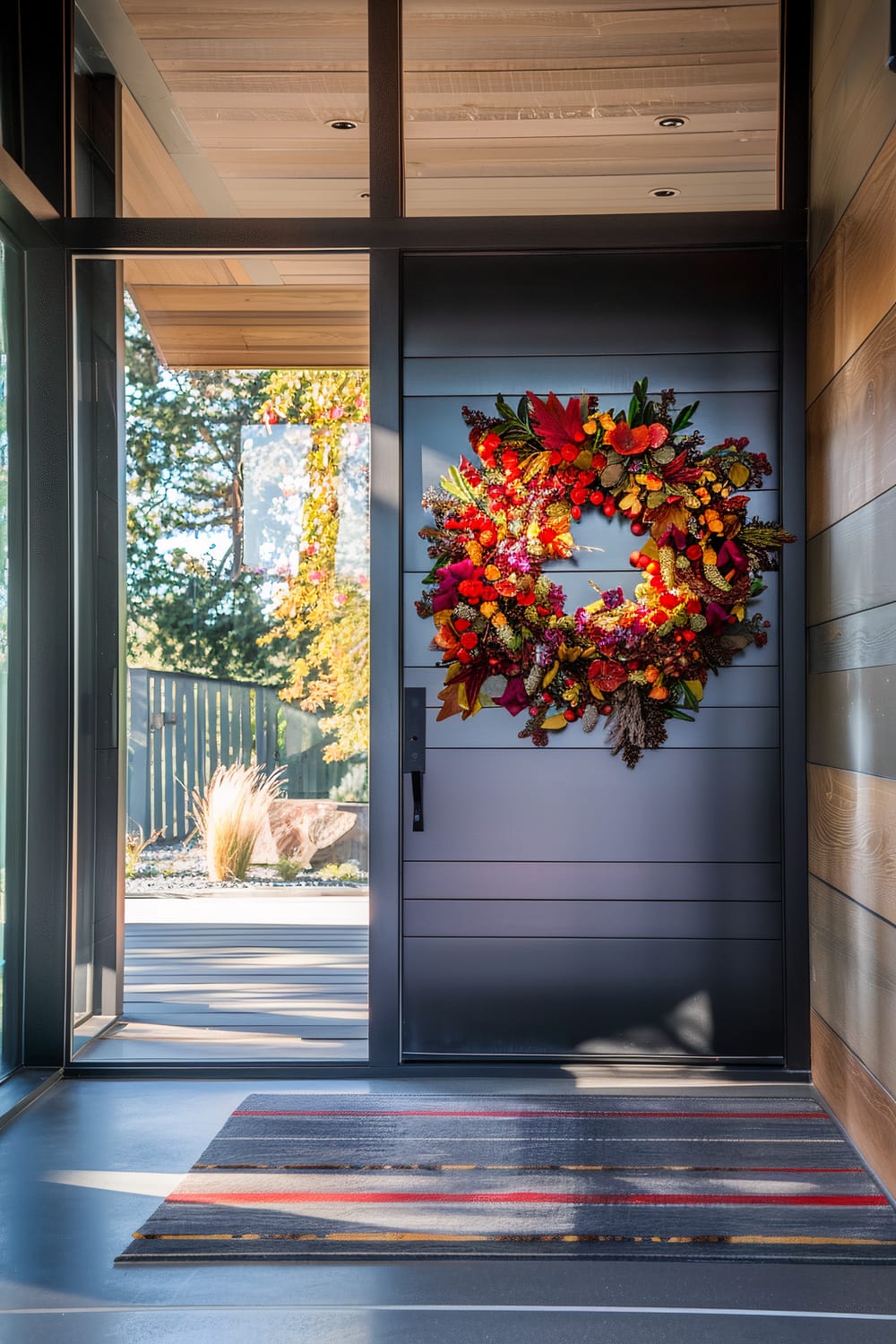 An entryway showcases a dark door decorated with a vibrant autumn wreath made of leaves, berries, and flowers in bright reds, oranges, and yellows. The modern, minimalist door features horizontal lines and a sleek handle. Floor-to-ceiling glass panels on either side and a large window above flood the entrance with natural light. The interior floor is adorned with a colorful, striped rug in shades that complement the wreath. Outside, a glimpse of a landscaped yard with trees, bushes, and sunlight can be seen clearly.