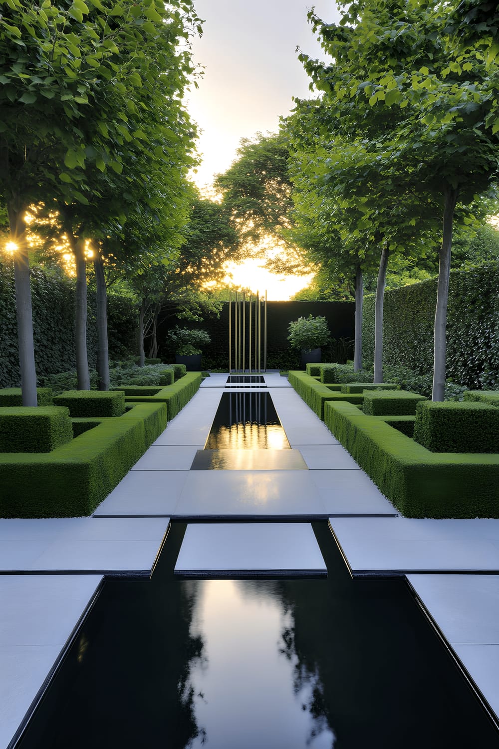 A meticulously manicured modern geometric garden in sunset lighting, featuring precisely trimmed cube-shaped green hedges symmetrically laid out in rows. Smooth white gravel pathways diverge and converge, creating a striking contrast with the vibrant greenery. A sleek black reflecting pool adds an element of serenity to the scene. Tall vertical metal sculptures, strategically placed, punctuate the scenery, becoming majestic focal points. The garden is bathed in golden sunset lighting, illuminating its meticulous detail and enhancing the serene atmosphere.