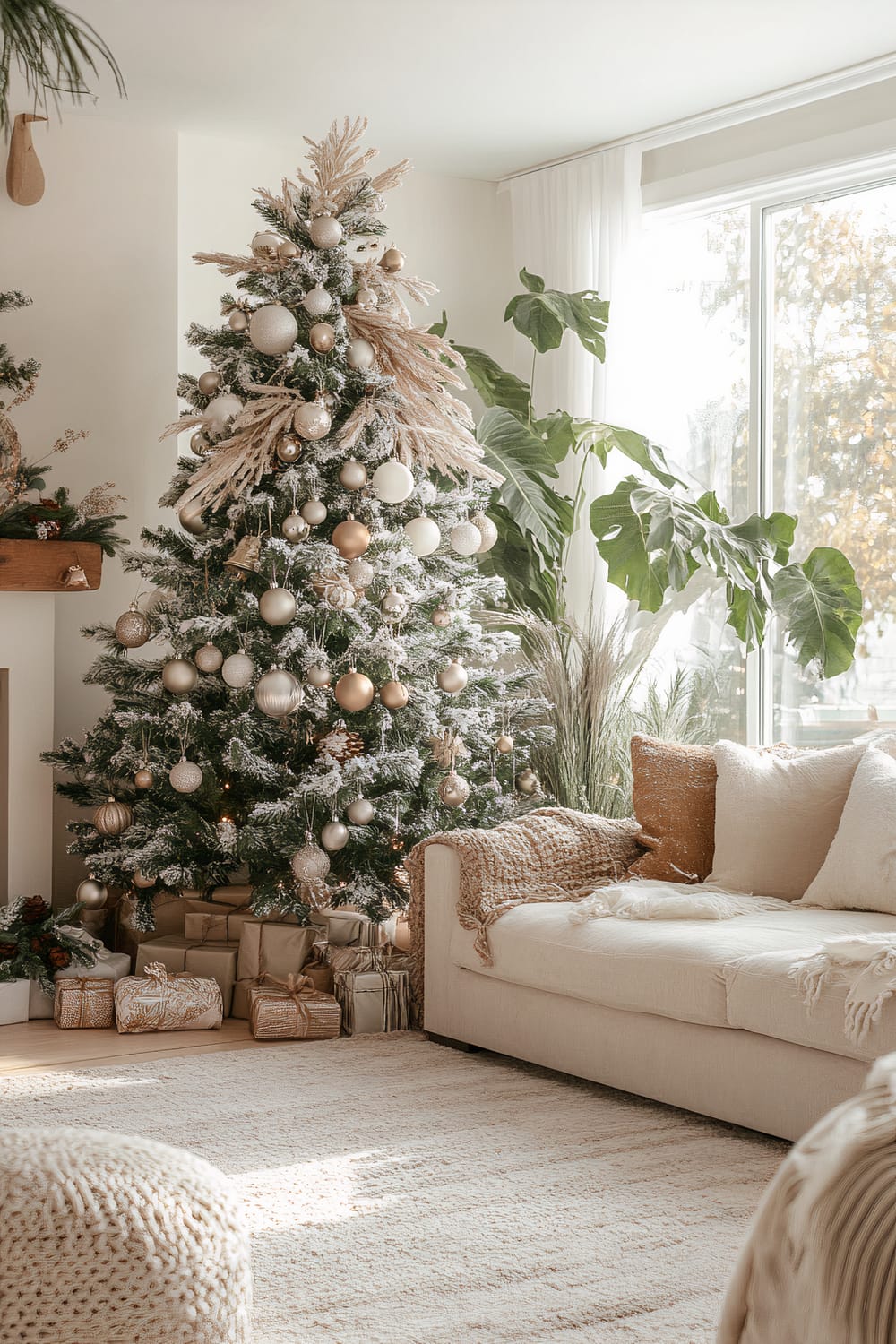 A beautifully decorated living room showcasing a Christmas tree and a cozy seating area. The Christmas tree is adorned with white and gold ornaments, faux snow, and natural decorative elements such as pampas grass. Underneath the tree, presents are meticulously wrapped in neutral-toned paper with twine and ribbon. The tree is positioned next to a large window with sheer white curtains, allowing natural light to flood the room. Adjacent to the tree is a light-colored sofa accentuated with plush cushions and a knitted throw. The room features lush green plants that contribute to the serene and tranquil ambiance. A textured, cream-colored rug covers the floor, adding to the warmth and inviting atmosphere of the space.