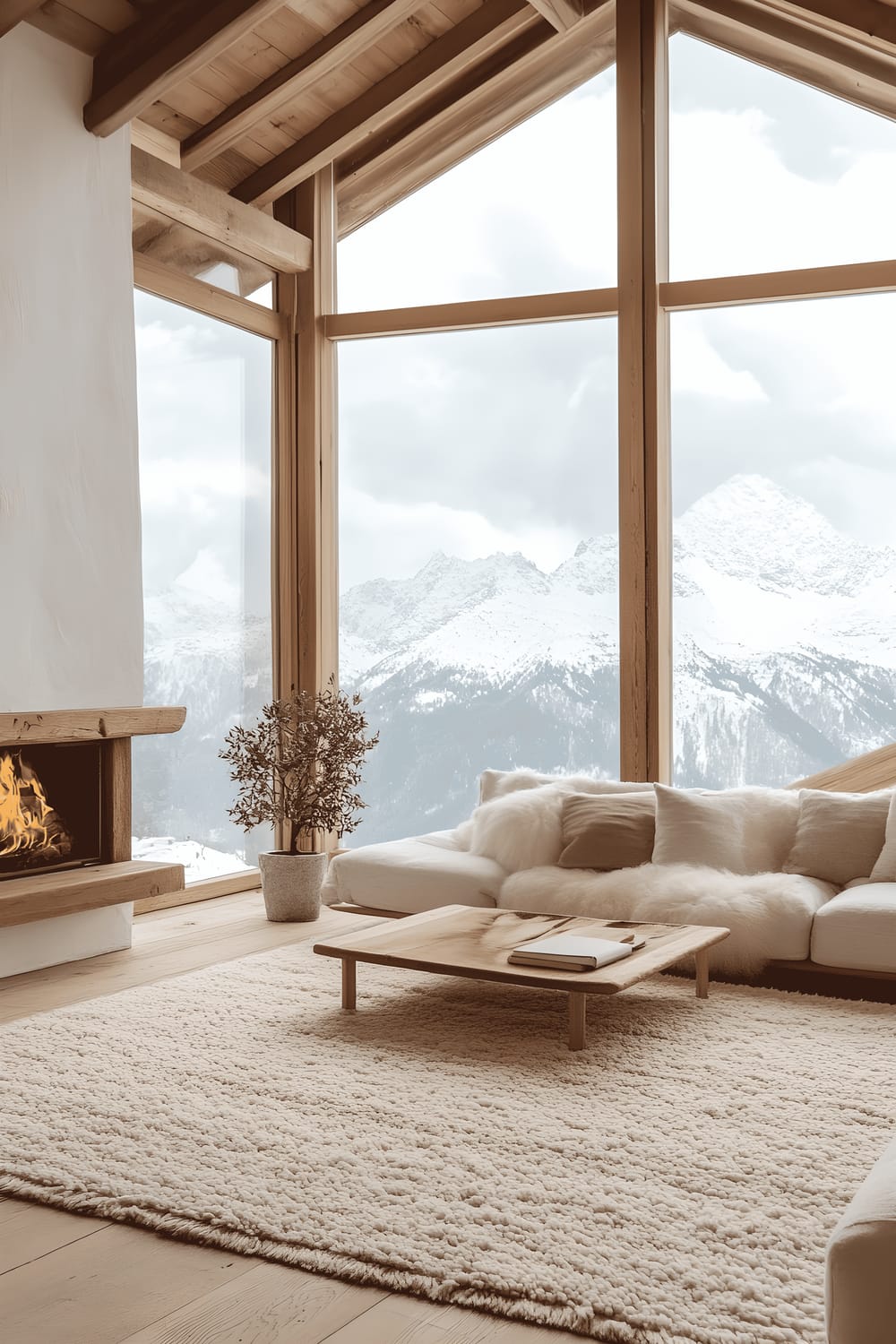 A living room with floor-to-ceiling windows showcasing a beautiful view of snowy mountain peaks. The room features minimalistic decor including a low-profile sofa, a simple yet elegant fireplace, and a fluffy wool rug. A side table hosts a delicate Japanese Maple Bonsai, enhancing the calm and peaceful atmosphere of the room.