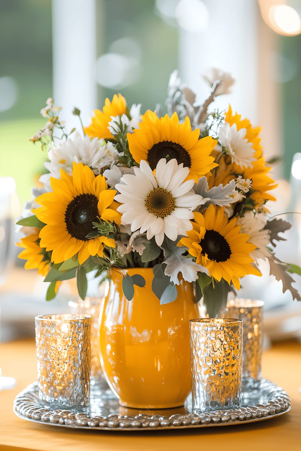 A vibrant table centerpiece featuring a silver leaf-coated tray holding a mustard yellow ceramic vase filled with sunflowers and white daisies. The tray is accented with silver leaf candle holders, mustard glass beads, and sprigs of greenery, set on a mustard yellow tablecloth with a subtle metallic pattern. The bold yellow and sleek silver elements are brought to life by bright, natural lighting.