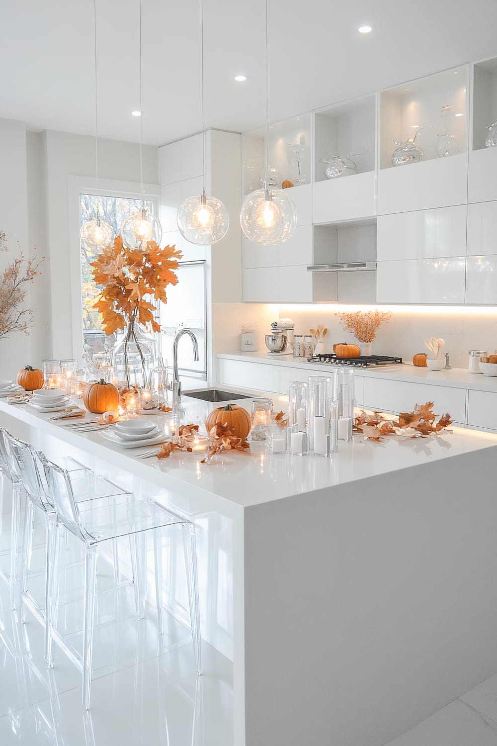 An elegant, modern kitchen with white cabinets, a large white island, and transparent bar stools. The design is accented with autumnal decorations, including small pumpkins, orange leaves, and candlelights. Hanging above the island are three spherical glass pendant lights with exposed bulbs. The background features sleek, minimalist shelving displaying glassware.