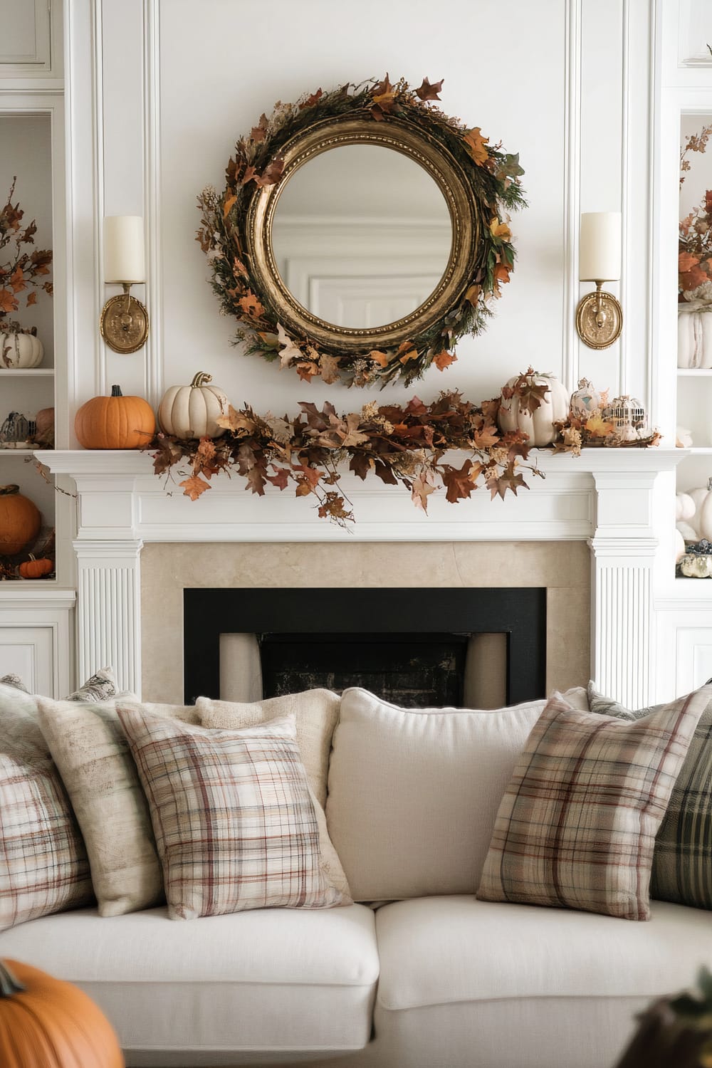 A beautifully decorated living room features an autumn-themed aesthetic. The centerpiece is a white mantel adorned with an array of pumpkins and a leafy garland. Above the mantel hangs a round, gilded mirror encircled by a wreath adorned with autumn leaves. Flanked by two elegant wall sconces with candles, the scene exudes a warm, fall atmosphere. Below the mantel is a beige fireplace framed in white, and in the foreground is a plush white sofa with several plaid and textured cushions.