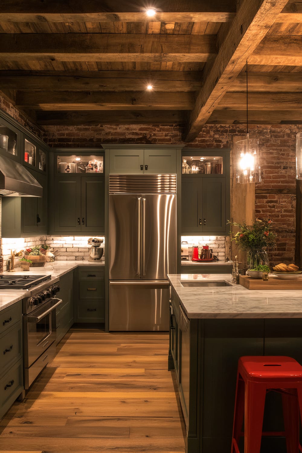 A dimly lit farmhouse kitchen with dark olive green cabinets, white marble countertops, and stainless steel appliances, such as a refrigerator and stove. The room features ambient lighting from vintage sconces and under-cabinet LEDs, exposed brick walls, and a distressed wood ceiling with beams. The center island has a marble countertop and a red bar stool, with fresh greenery and a tray of ingredients on top.