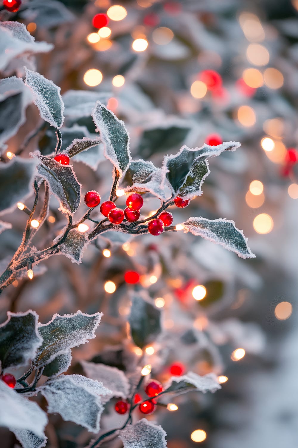 Branches of holly leaves and red berries covered in frost, adorned with warm, glowing holiday lights.