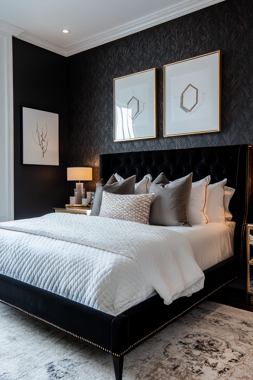 A sophisticated bedroom featuring a large, plush bed with a black, tufted headboard and studded edges. The bedding is predominantly white with a textured quilt and numerous grey and patterned cushions. The backdrop to the bed is a dark, patterned accent wall adorned with two framed geometric artworks in gold frames. There is a bedside table with a modern lamp and decorative items. Adjacent to the bed, the room has a plush, grey and white area rug over dark hardwood floors.