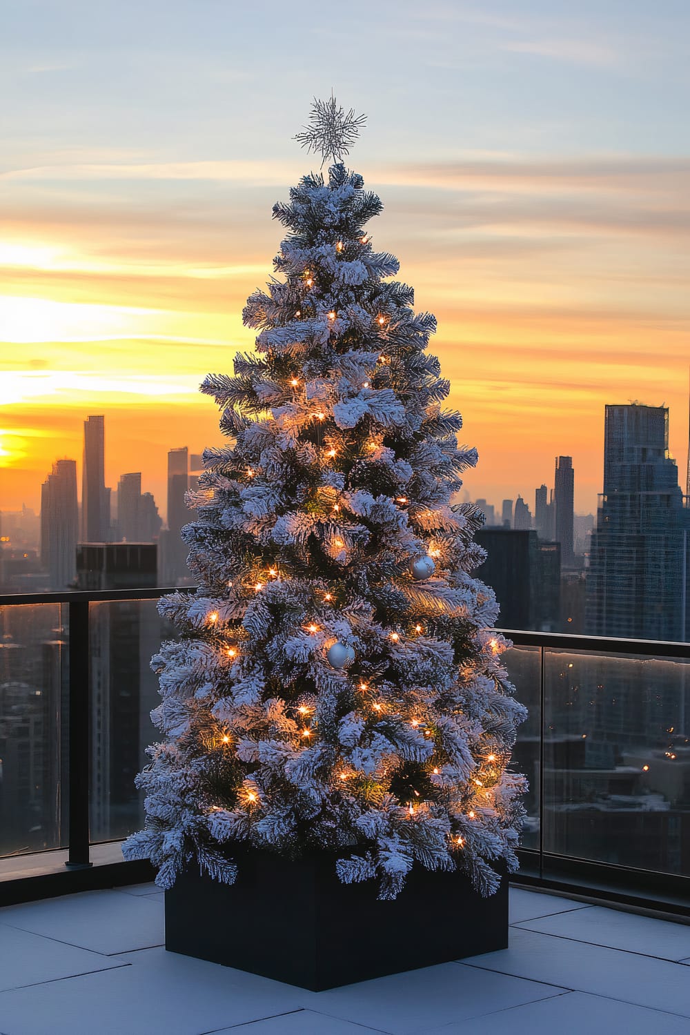 A stylish Christmas tree adorned with silver and black metallic lights stands on a rooftop terrace of a modern city apartment. The tree is illuminated against the backdrop of an urban skyline during golden hour, with tall buildings visible under a vivid orange and yellow sunset.