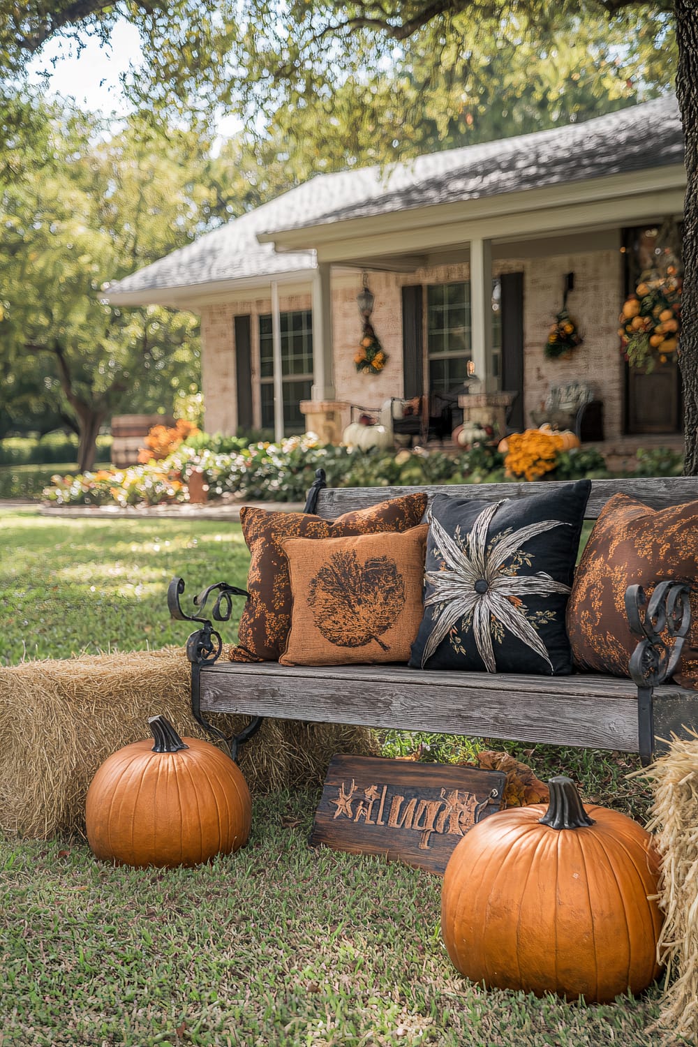 A charming outdoor scene showcases a rustic bench adorned with three decorative throw pillows in autumn-themed colors of orange, brown, and black. The bench is flanked by two pumpkins and a couple of hay bales. In the background, a porch decorated with fall floral arrangements enhances the cozy feel of this garden space, while lush greenery and a large tree provide a natural canopy.