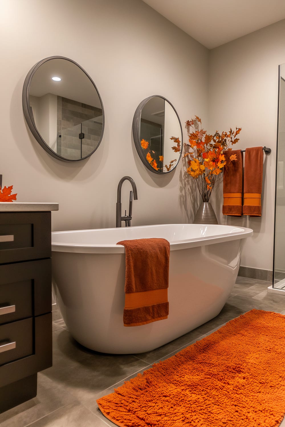 A contemporary bathroom featuring a white freestanding bathtub adorned with an orange towel. Above the bathtub, two round mirrors hang on the wall. To the right, there are orange towels hanging on a towel rack. A vase filled with autumn leaves decorates the area next to the bathtub, adding a seasonal touch. The floor is adorned with a bright orange rug. The vanity on the left has black cabinetry and a gray countertop. The room is well-lit, showcasing clean lines and a warm, autumnal color palette.