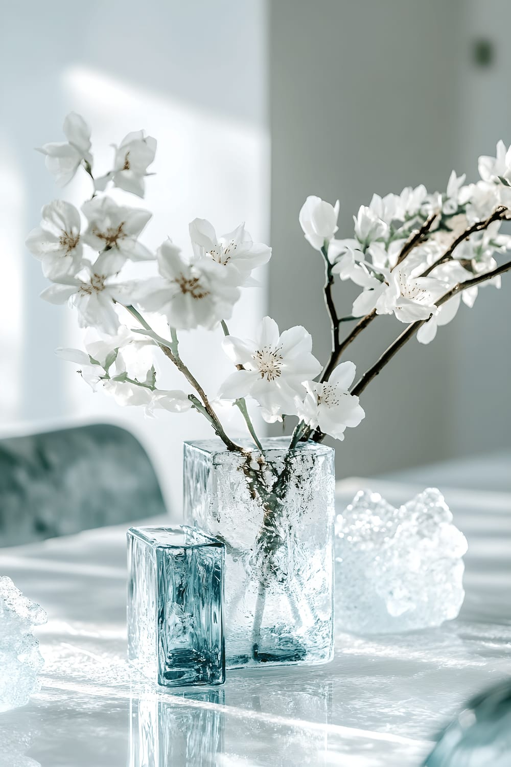 A minimalist dining room with stark white walls and natural stone accents. The table is set with a unique centerpiece featuring white flowers frozen within clear ice, placed alongside geometric ice-like glass sculptures in shades of icy blue and silver. The room is brightly lit with natural light, creating subtle shadows and reflections from the ice elements that enhance the serene and striking aesthetic.