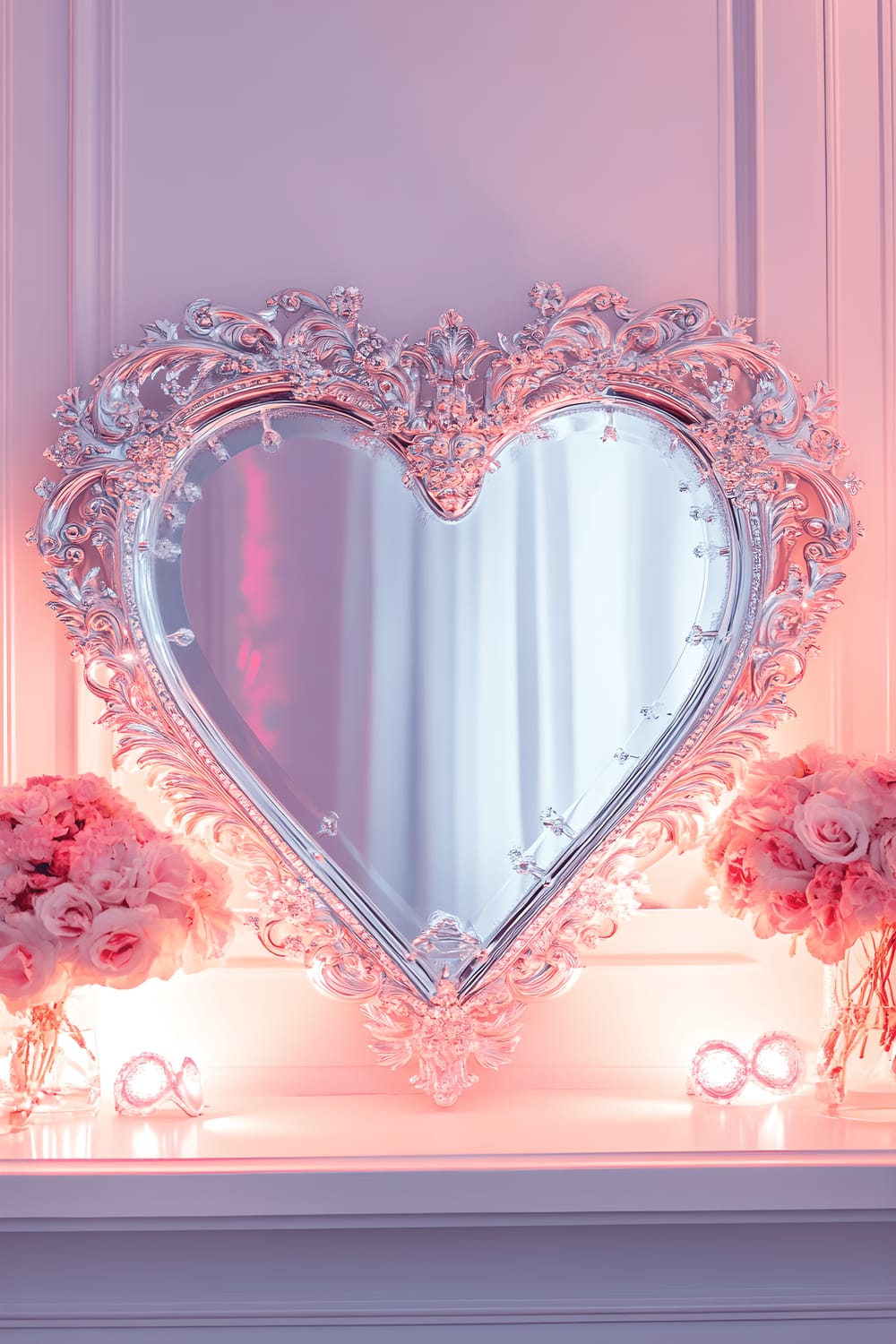 A white mantel features a large, heart-shaped mirror with a detailed silver floral frame. The mirror is flanked by two pink LED lights that cast a gentle glow, creating soft reflections on the mirror's surface.