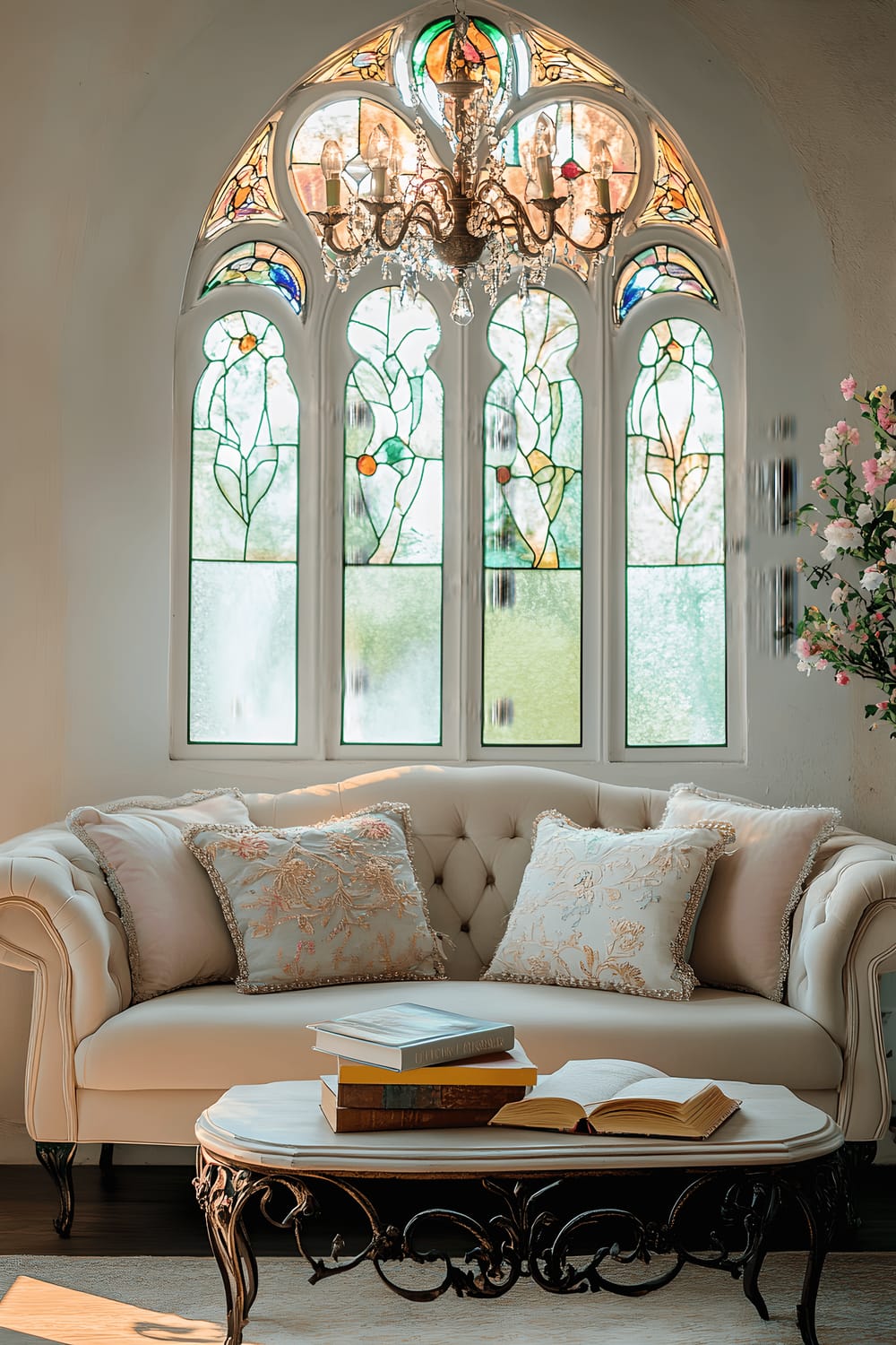 A small whimsical living room with fairy-tale elements. A curved ivory velvet sofa is adorned with pastel embroidered cushions. In front of it, a delicate wrought iron coffee table with vine patterns holds a stack of vintage storybooks. A twinkling chandelier of fairy lights sparkles from above. The room is lit from two sides by an arched window with colorful stained glass panels, casting a multi-hued light across the room.