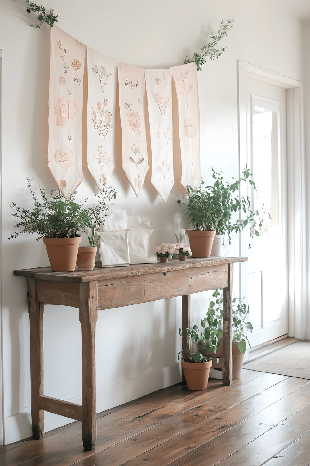 A sustainable entryway featuring a reclaimed wood console table adorned with various potted plants. Above the table hangs a collection of reusable fabric banners in pastel colors, displaying embroidered messages and designs related to Galentine's Day. The decorations are highlighted by soft natural light streaming in.