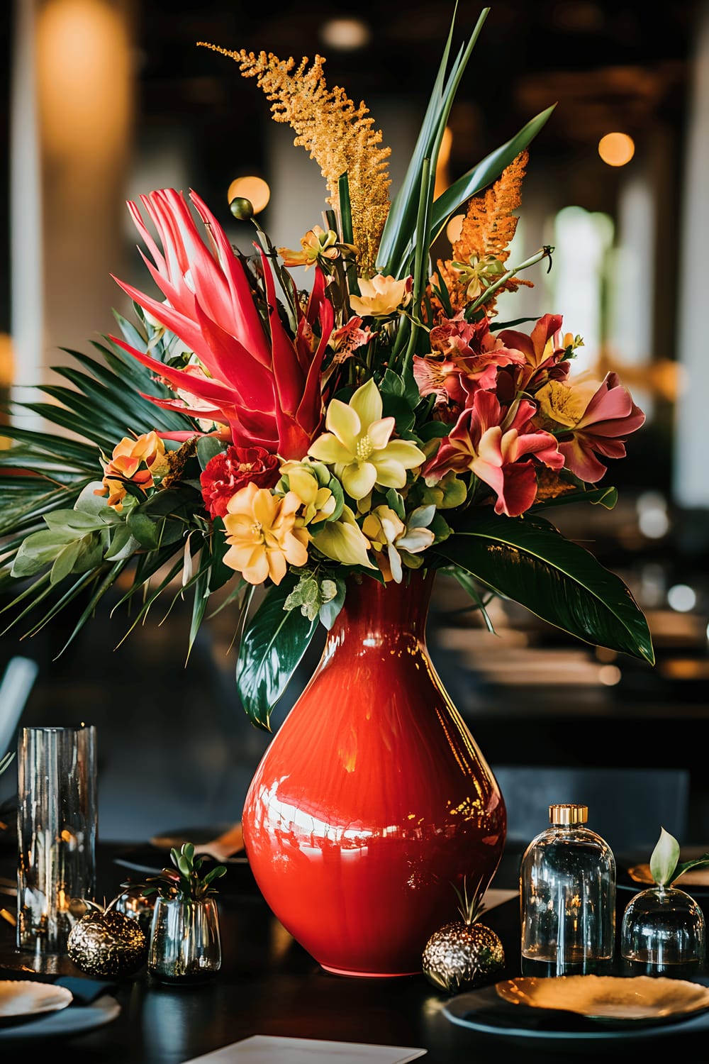 A large, sculptural ceramic vase with asymmetrical shapes and bold colors of deep red and vibrant yellow filled with a mix of proteas, anthuriums, and orchids. The vase is placed at the center of a sleek black table, coupled with small glass terrariums housing air plants and metallic gold accents.