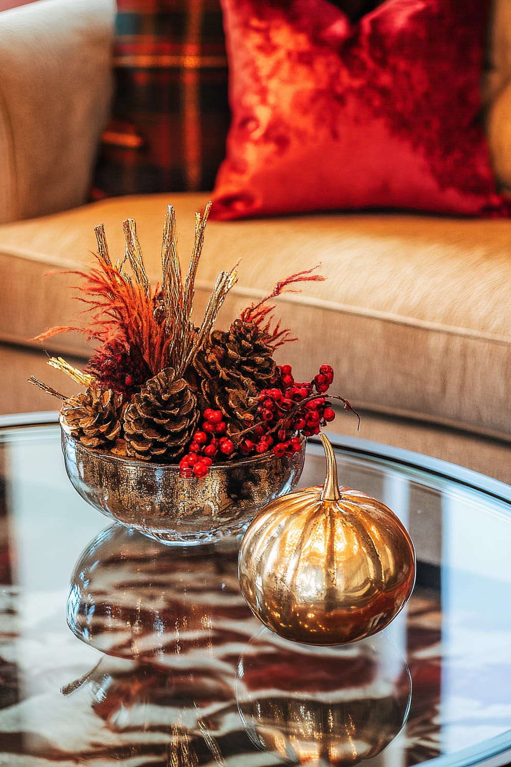 A glass-top coffee table adorned with a gold metallic pumpkin figurine and a decorative bowl filled with pine cones, red berries, and golden twigs. In the background, a beige sofa is accented with red and dark plaid cushions.