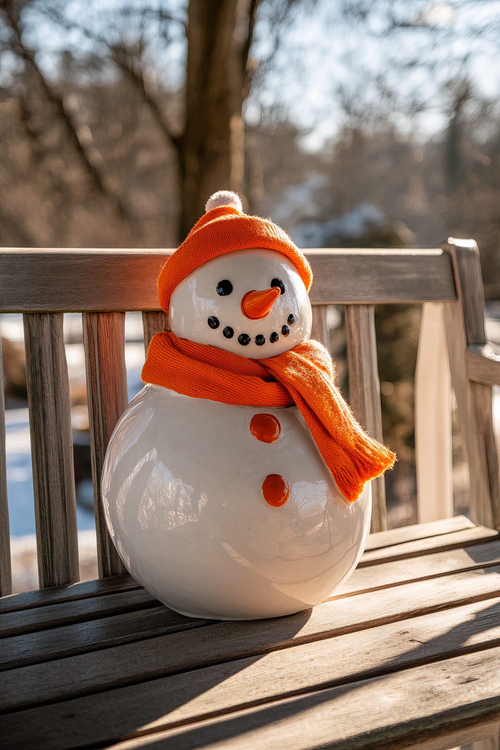 A large, hand-painted ceramic snowman sits on a minimalist wooden porch bench. The snowman is adorned with a bright orange scarf and hat, which contrasts with the natural wood of the bench. Strong backlighting from the sun creates playful shadows on the bench and snowman.