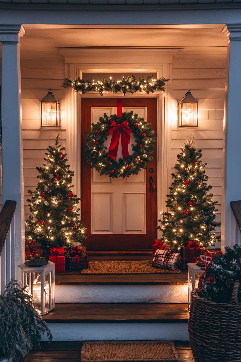 A Christmas-themed front porch featuring a white wooden door with a large traditional evergreen wreath adorned with red berries, pinecones, and a large red bow. Two illuminated potted miniature Christmas trees with red ornaments flank the entrance. The steps are lined with glowing lanterns and a jute doormat displaying 'Merry Christmas'. Garlands with fairy lights are draped over the porch railing, and a wicker chair with a plaid throw is visible on the side.